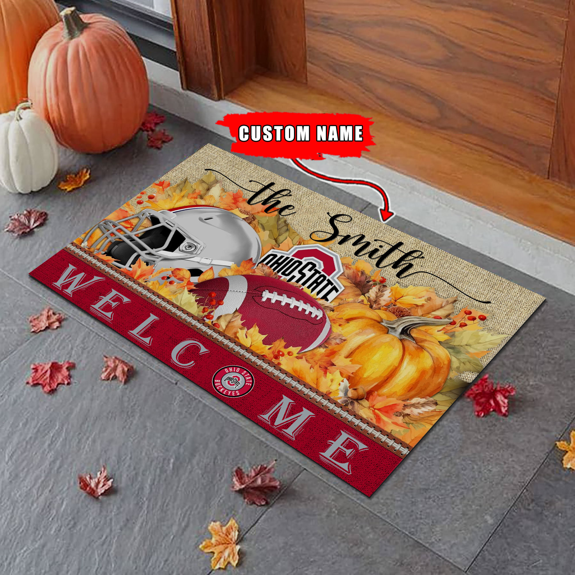 Ohio State Buckeyes Welcome Fall Football Doormat - Famjoys Ohio State Buckeyes Welcome Fall Football Doormat - Famjoys
