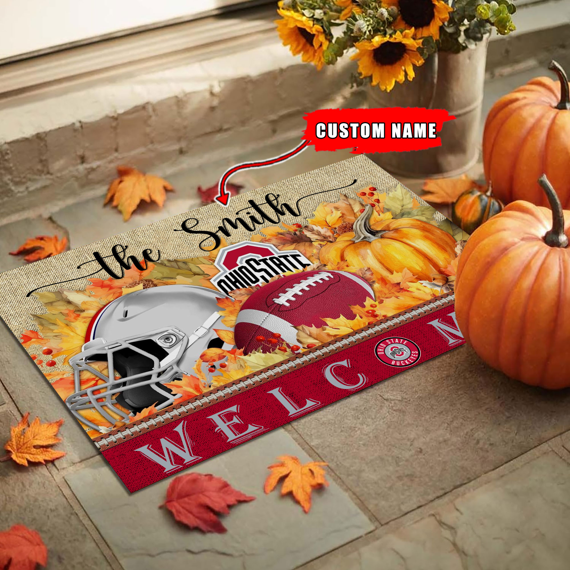Ohio State Buckeyes Welcome Fall Football Doormat - Famjoys Ohio State Buckeyes Welcome Fall Football Doormat - Famjoys