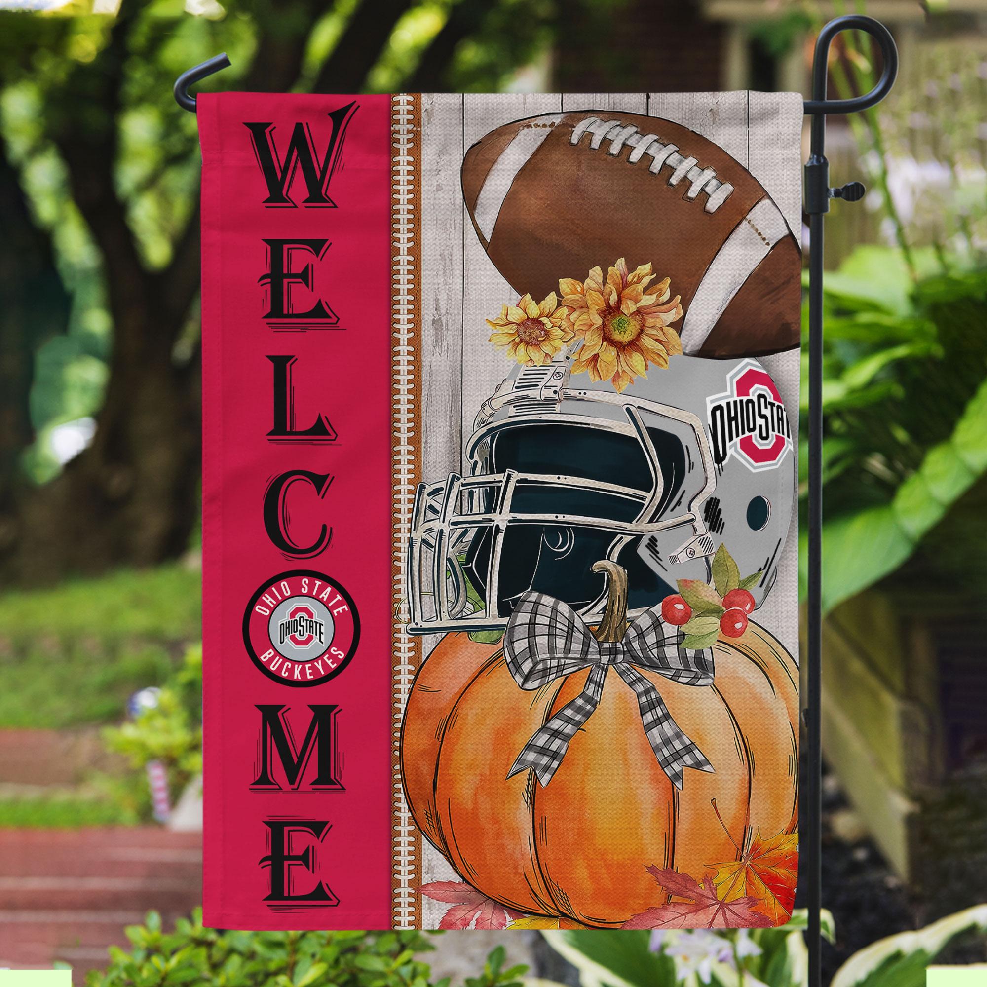Ohio State Buckeyes Welcome Fall Football Garden Flag – Double Sided Printed - Famjoys Ohio State Buckeyes Welcome Fall Football Garden Flag – Double Sided Printed - Famjoys