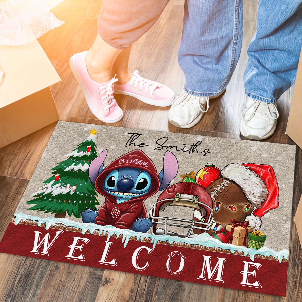 Oklahoma Sooners Cute Stitch Christmas Doormat - Famjoys Oklahoma Sooners Cute Stitch Christmas Doormat - Famjoys