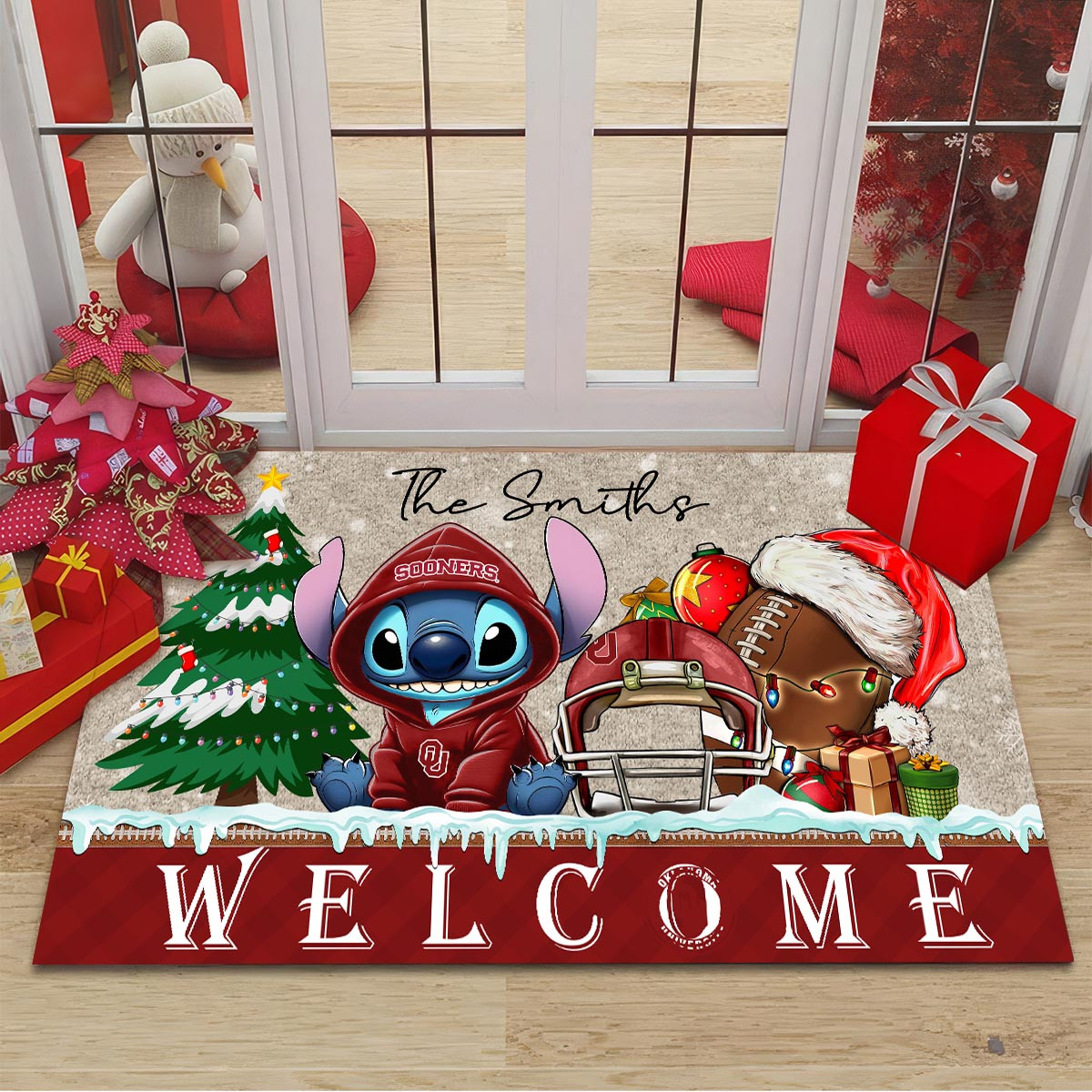 Oklahoma Sooners Cute Stitch Christmas Doormat - Famjoys Oklahoma Sooners Cute Stitch Christmas Doormat - Famjoys
