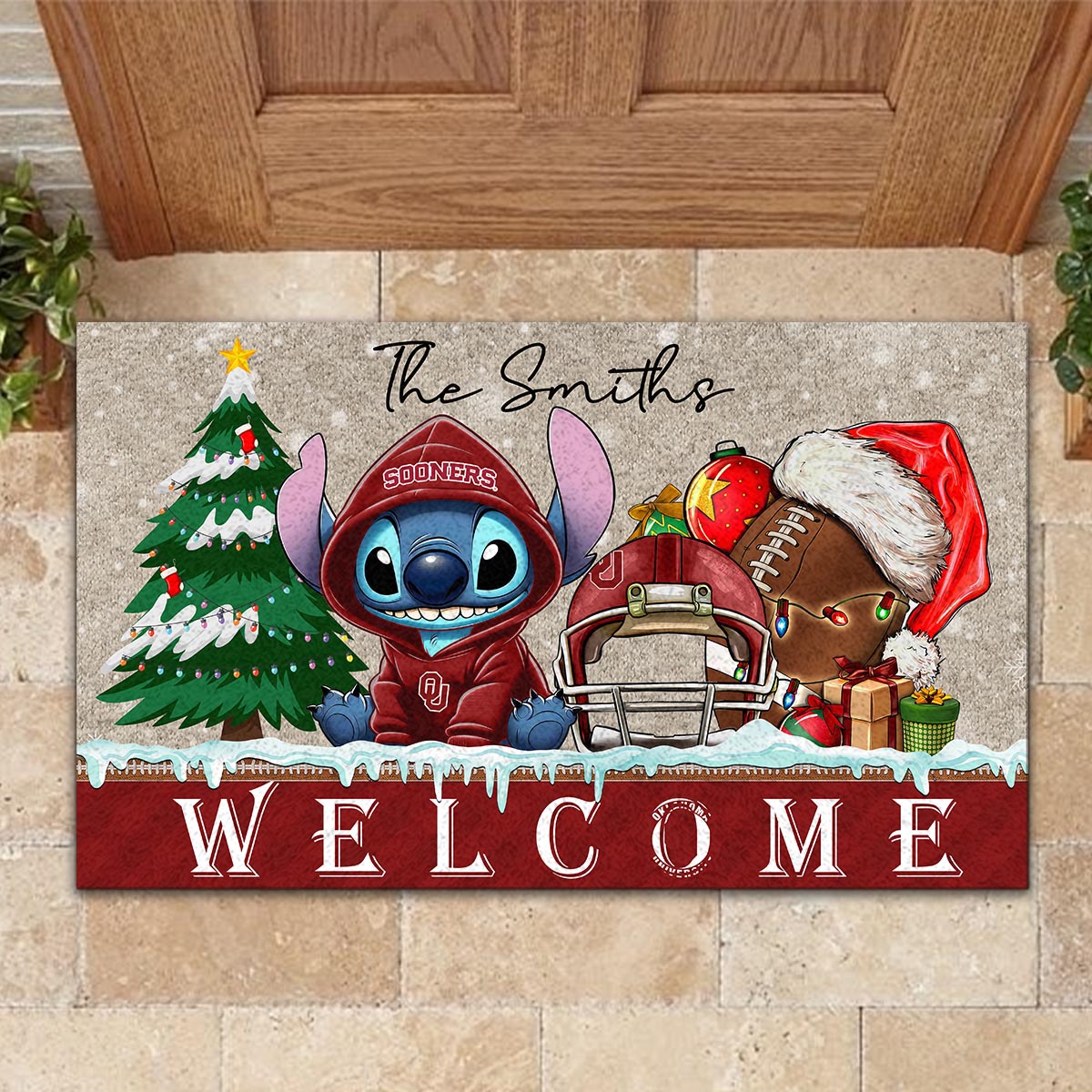Oklahoma Sooners Cute Stitch Christmas Doormat - Famjoys Oklahoma Sooners Cute Stitch Christmas Doormat - Famjoys