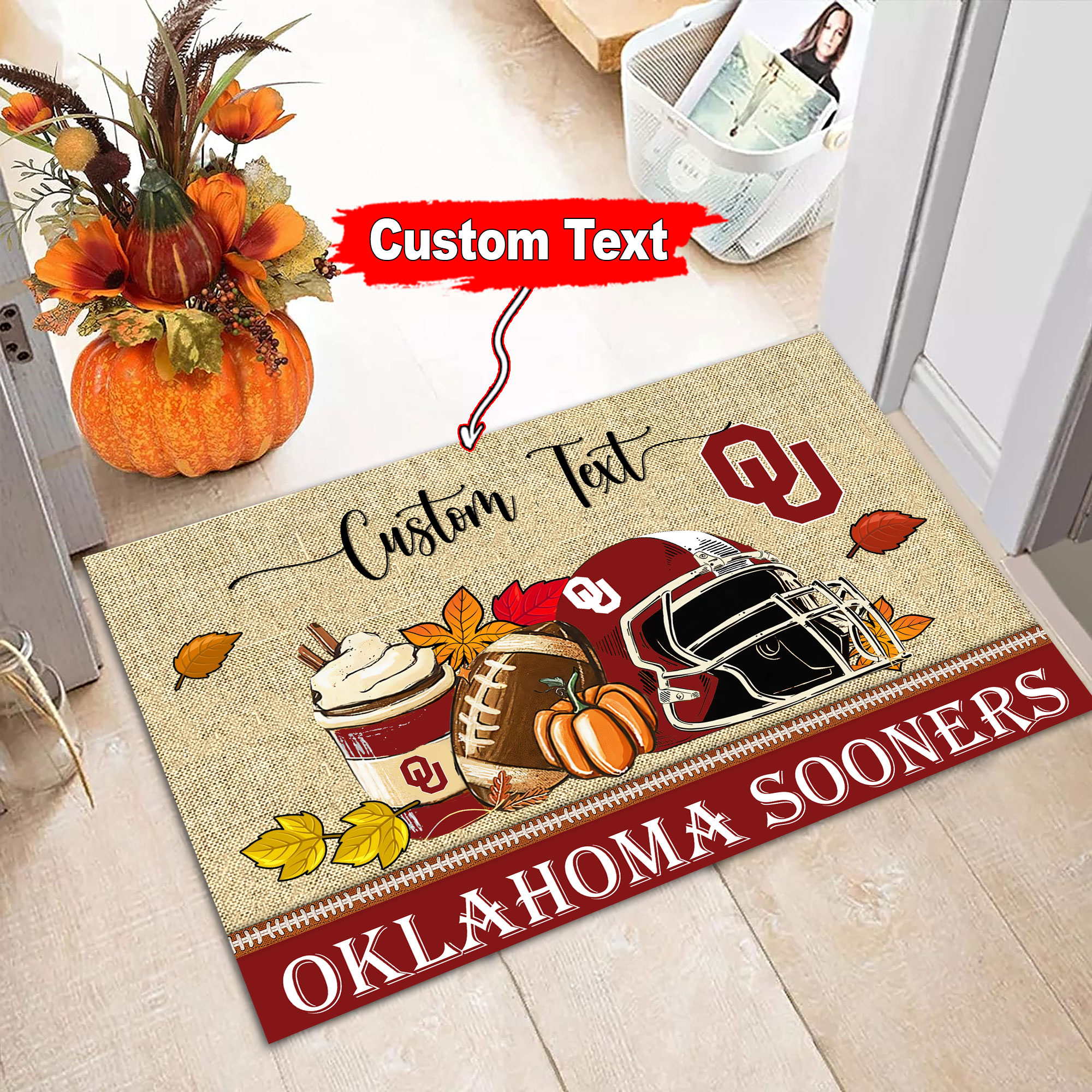 Oklahoma Sooners Fall Football Custom Doormat - Custom Text - Famjoys Oklahoma Sooners Fall Football Custom Doormat - Custom Text - Famjoys
