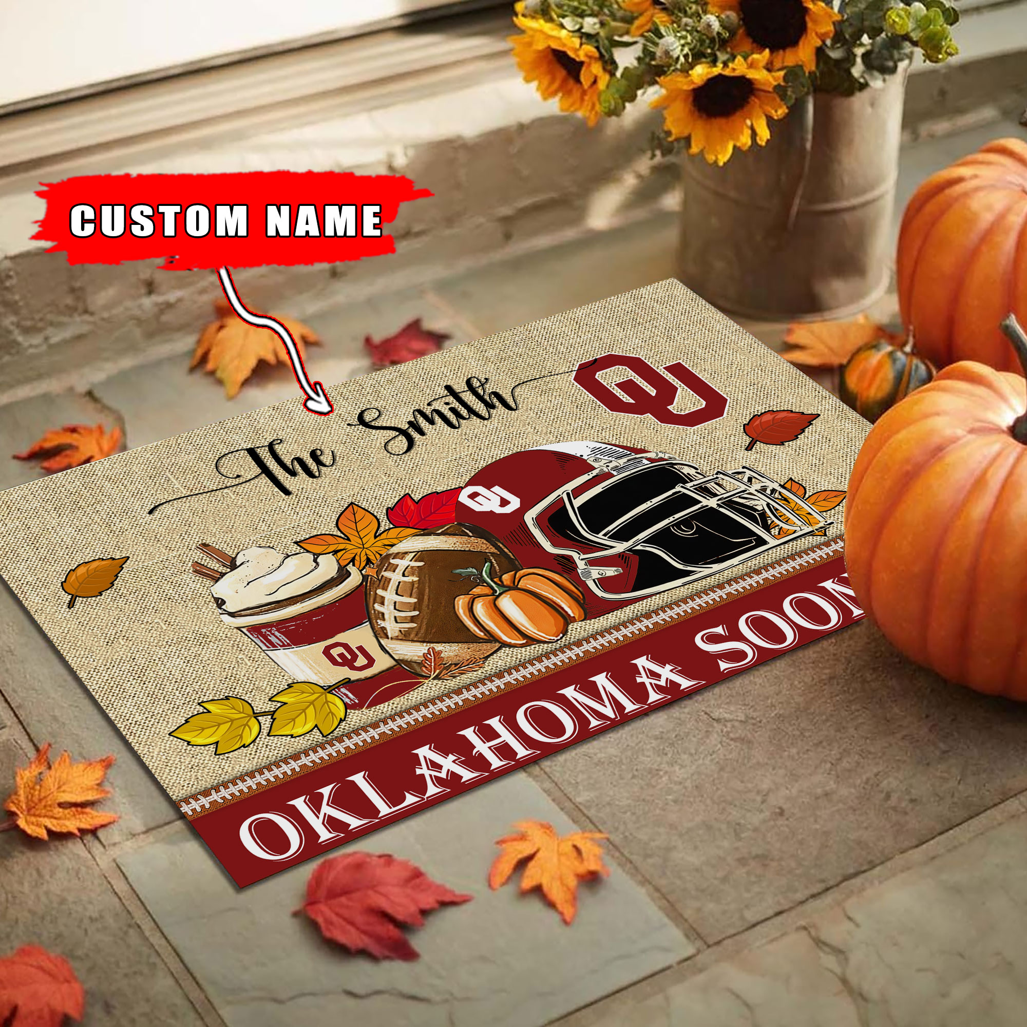 Oklahoma Sooners Fall Football Custom Doormat - Custom Text - Famjoys Oklahoma Sooners Fall Football Custom Doormat - Custom Text - Famjoys
