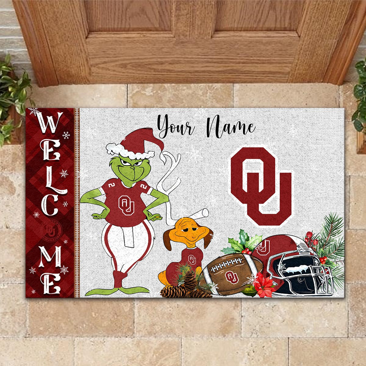 Oklahoma Sooners Grinch Christmas Welcome Football Doormat - Famjoys Oklahoma Sooners Grinch Christmas Welcome Football Doormat - Famjoys