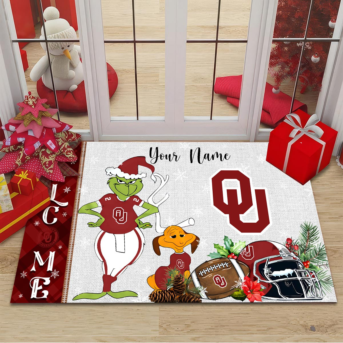 Oklahoma Sooners Grinch Christmas Welcome Football Doormat - Famjoys Oklahoma Sooners Grinch Christmas Welcome Football Doormat - Famjoys