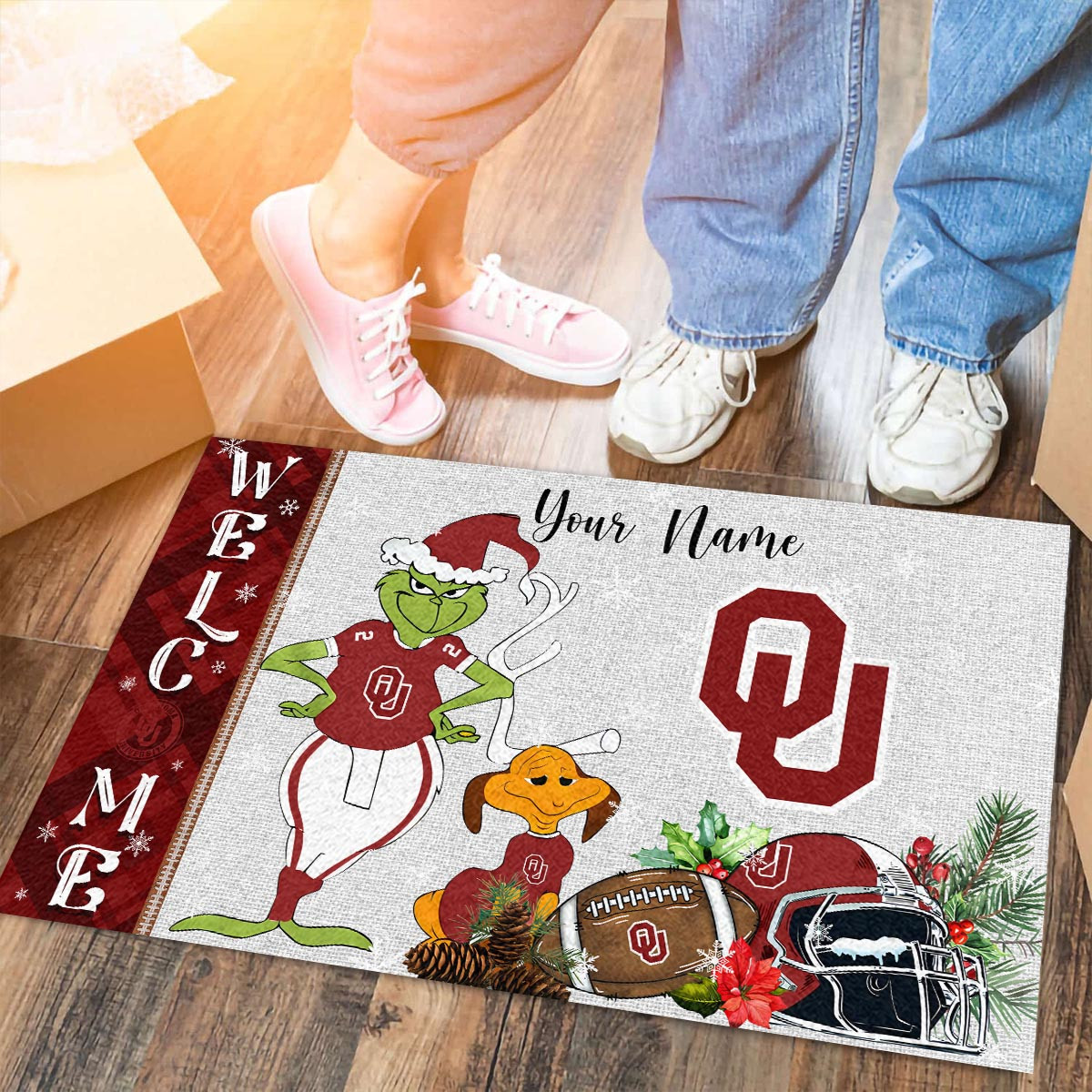 Oklahoma Sooners Grinch Christmas Welcome Football Doormat - Famjoys Oklahoma Sooners Grinch Christmas Welcome Football Doormat - Famjoys