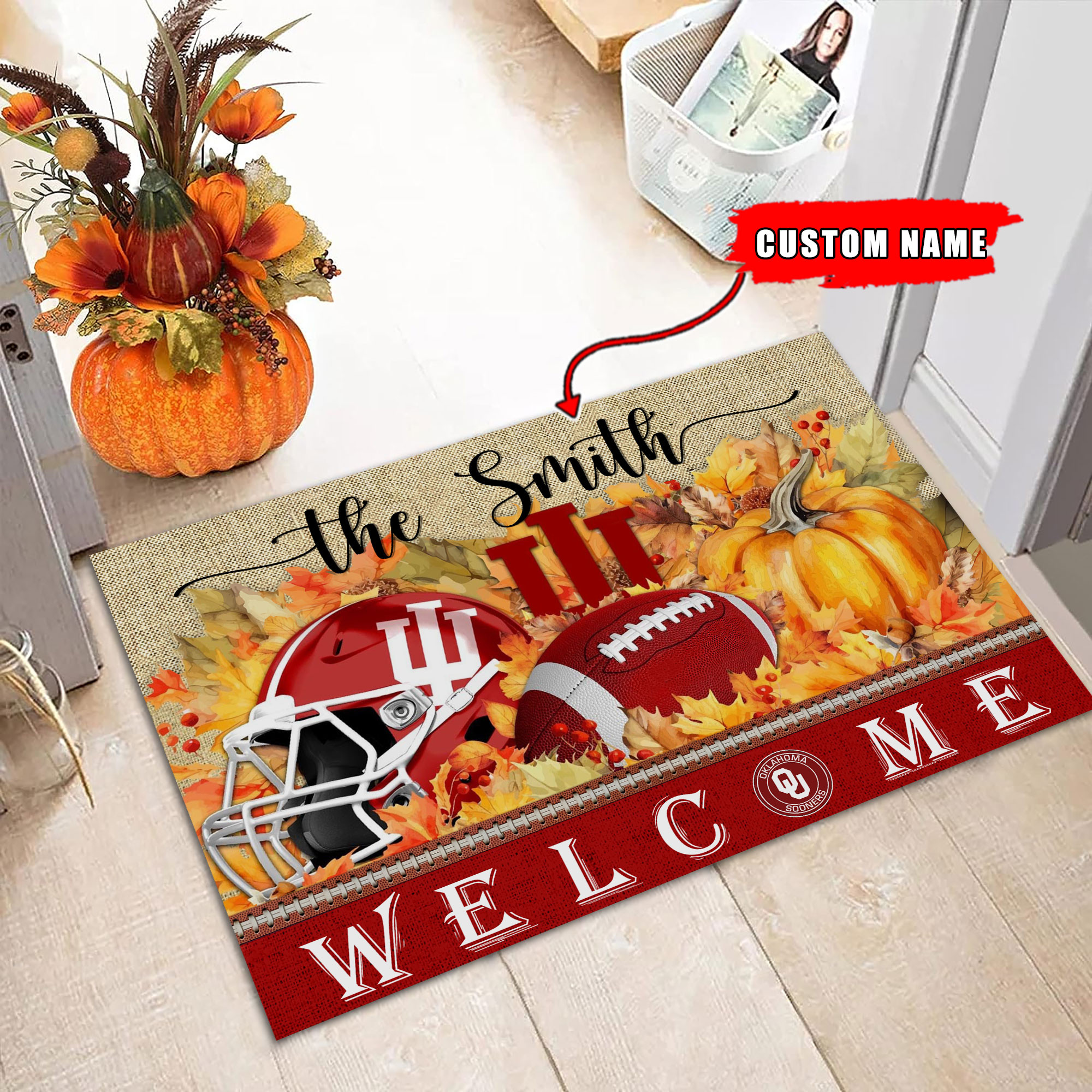 Oklahoma Sooners Welcome Fall Football Doormat - Famjoys Oklahoma Sooners Welcome Fall Football Doormat - Famjoys
