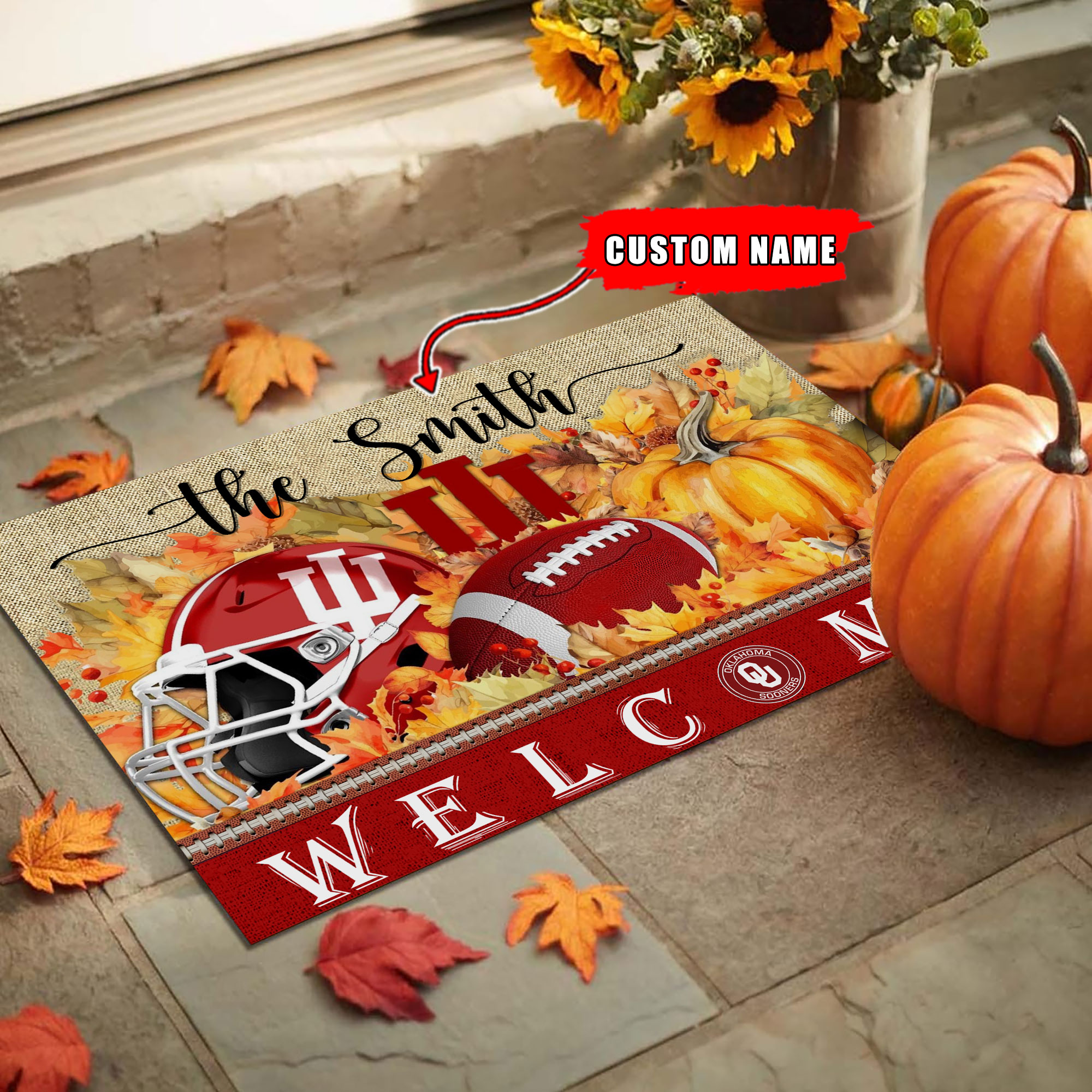 Oklahoma Sooners Welcome Fall Football Doormat - Famjoys Oklahoma Sooners Welcome Fall Football Doormat - Famjoys