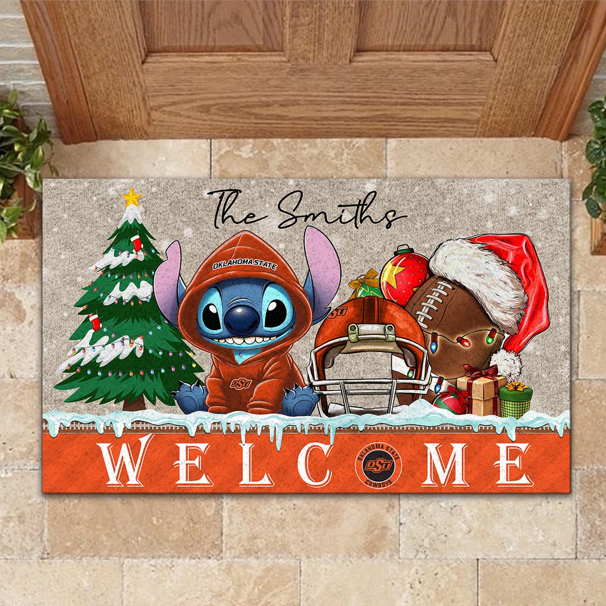 Oklahoma State Cowboys Cute Stitch Christmas Doormat - Famjoys Oklahoma State Cowboys Cute Stitch Christmas Doormat - Famjoys