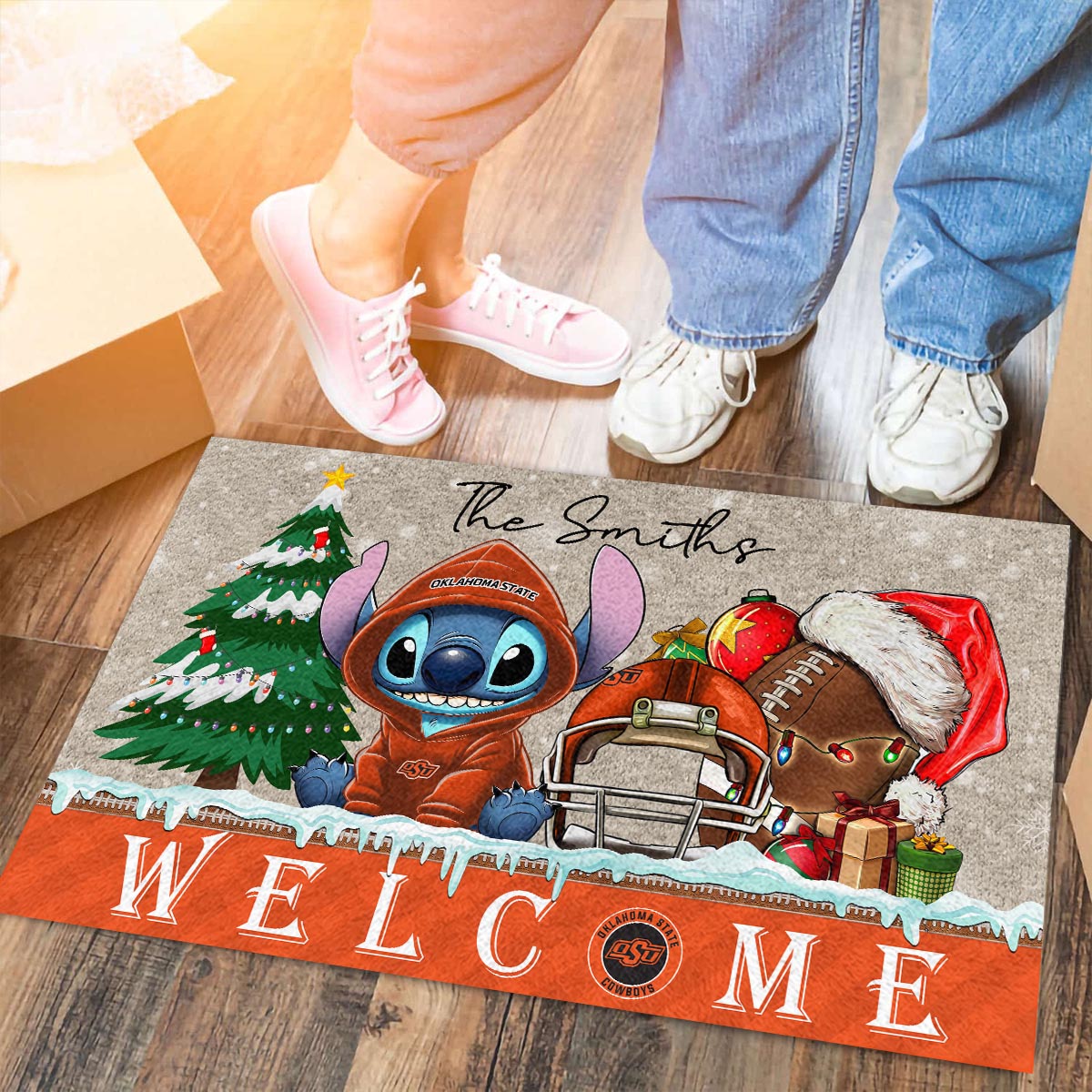 Oklahoma State Cowboys Cute Stitch Christmas Doormat - Famjoys Oklahoma State Cowboys Cute Stitch Christmas Doormat - Famjoys