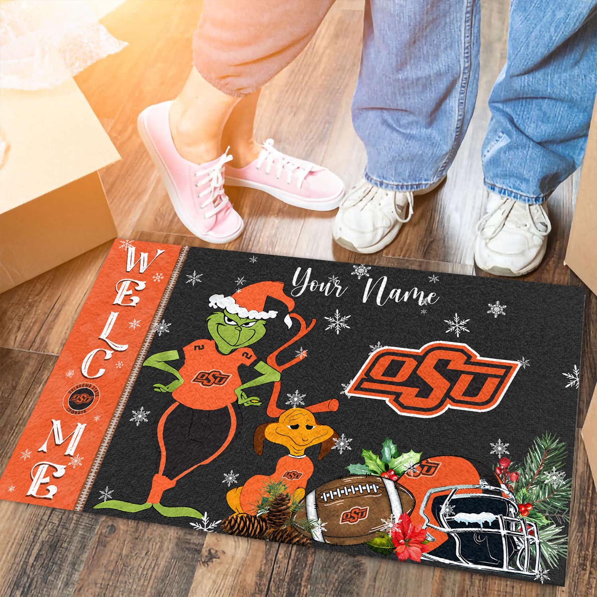 Oklahoma State Cowboys Grinch Christmas Welcome Football Doormat - Famjoys Oklahoma State Cowboys Grinch Christmas Welcome Football Doormat - Famjoys