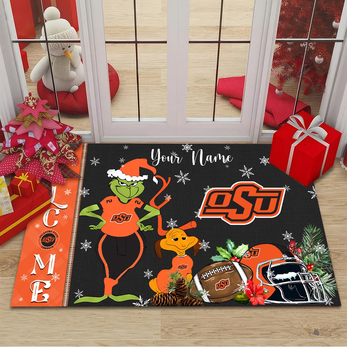 Oklahoma State Cowboys Grinch Christmas Welcome Football Doormat - Famjoys Oklahoma State Cowboys Grinch Christmas Welcome Football Doormat - Famjoys