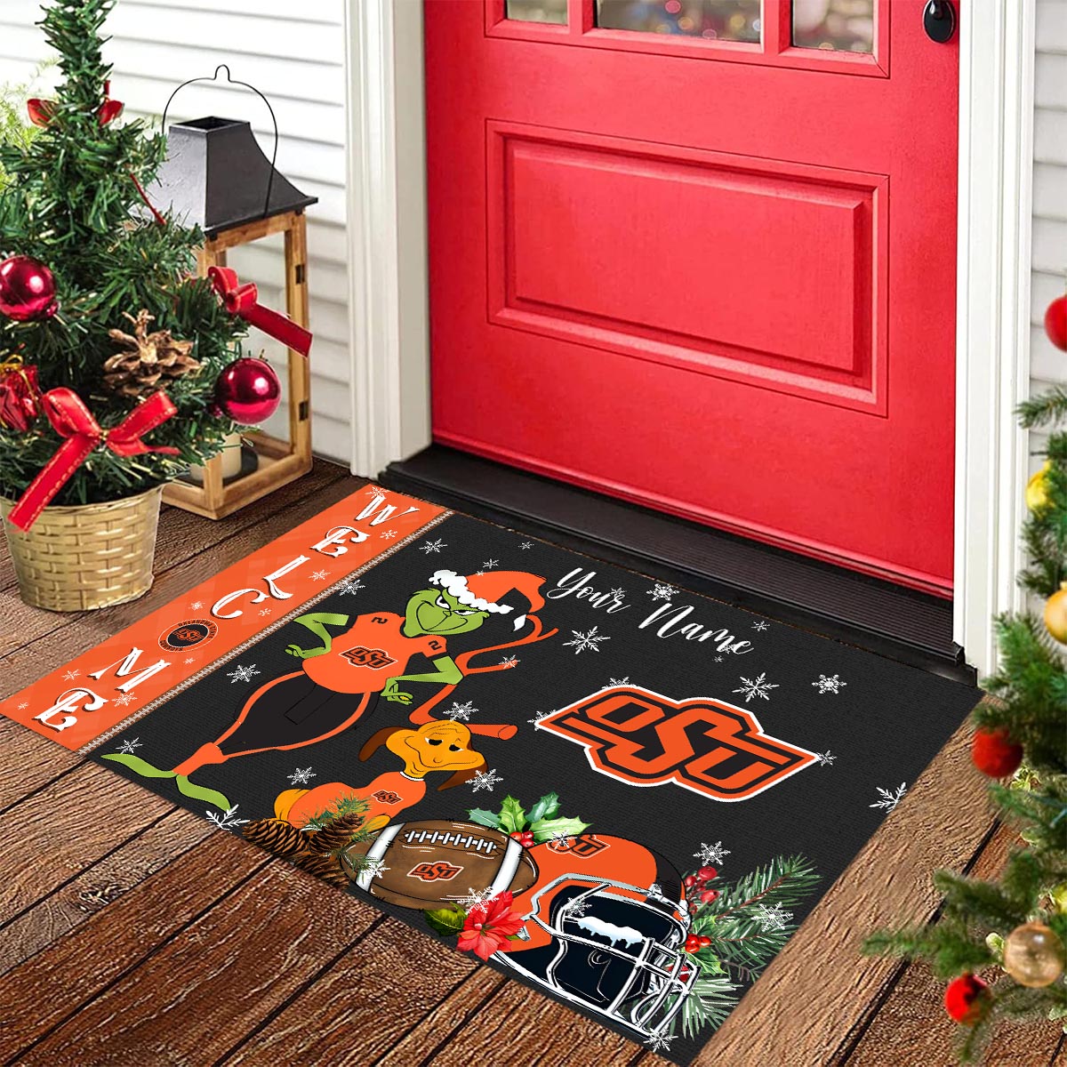 Oklahoma State Cowboys Grinch Christmas Welcome Football Doormat - Famjoys Oklahoma State Cowboys Grinch Christmas Welcome Football Doormat - Famjoys