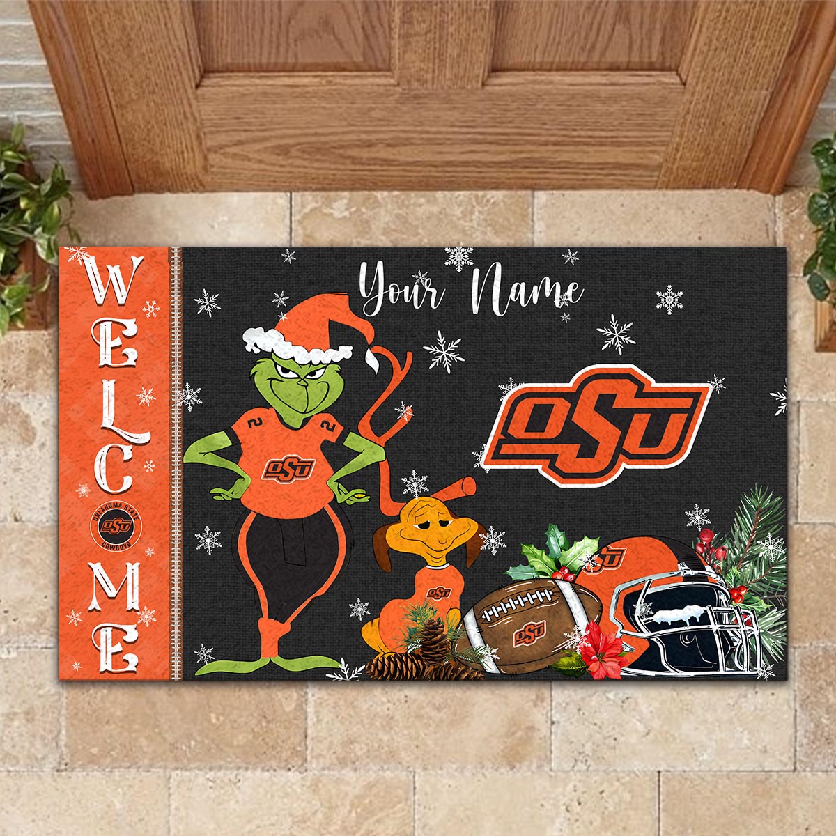 Oklahoma State Cowboys Grinch Christmas Welcome Football Doormat - Famjoys Oklahoma State Cowboys Grinch Christmas Welcome Football Doormat - Famjoys