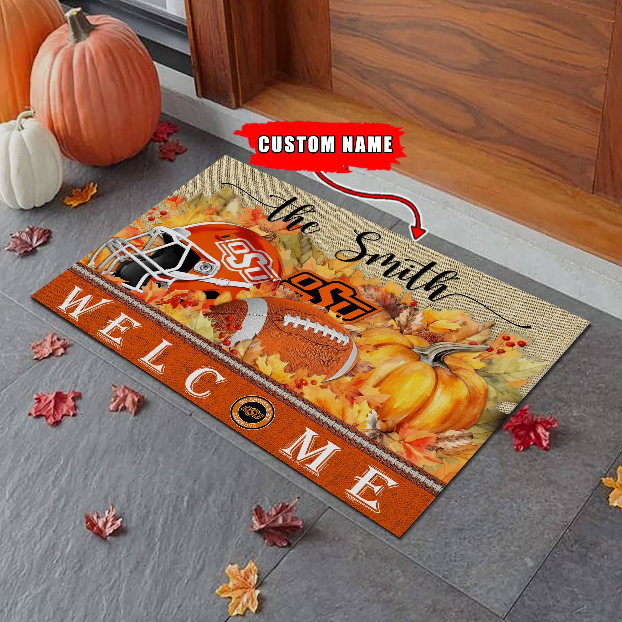 Oklahoma State Cowboys Welcome Fall Football Doormat - Famjoys Oklahoma State Cowboys Welcome Fall Football Doormat - Famjoys