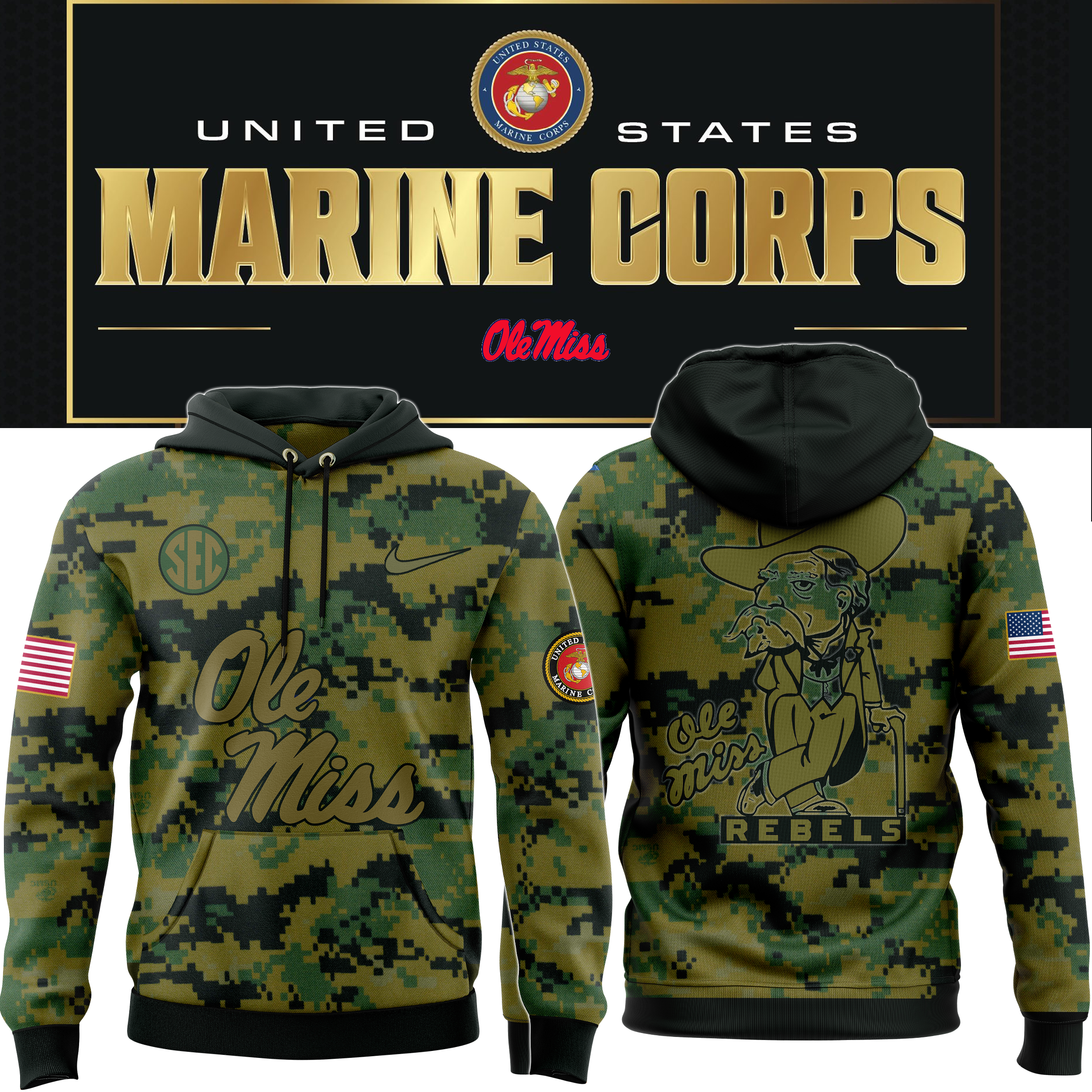Ole Miss Football United States Marine Corps Day Pullover Hoodie