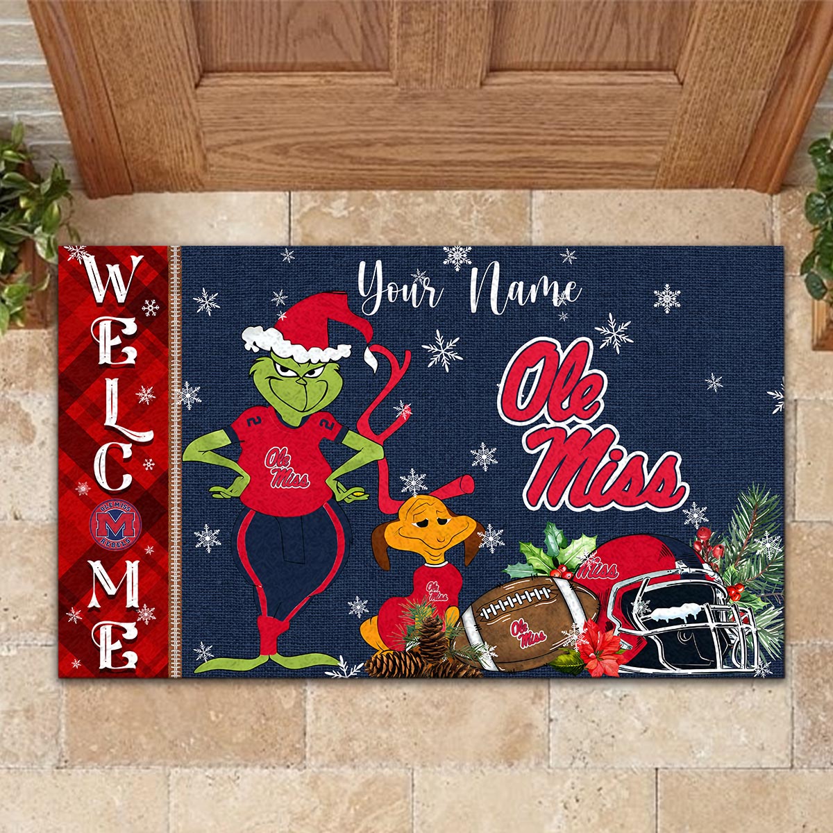 Ole Miss Rebels Grinch Christmas Welcome Football Doormat - Famjoys Ole Miss Rebels Grinch Christmas Welcome Football Doormat - Famjoys