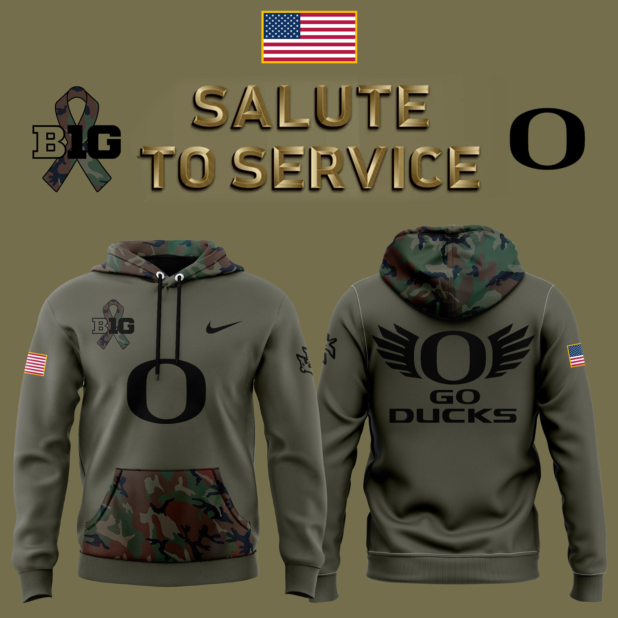 Oregon Ducks Camo Salute to Service Club Fleece Pullover Hoodie - Famjoys Oregon Ducks Camo Salute to Service Club Fleece Pullover Hoodie - Famjoys