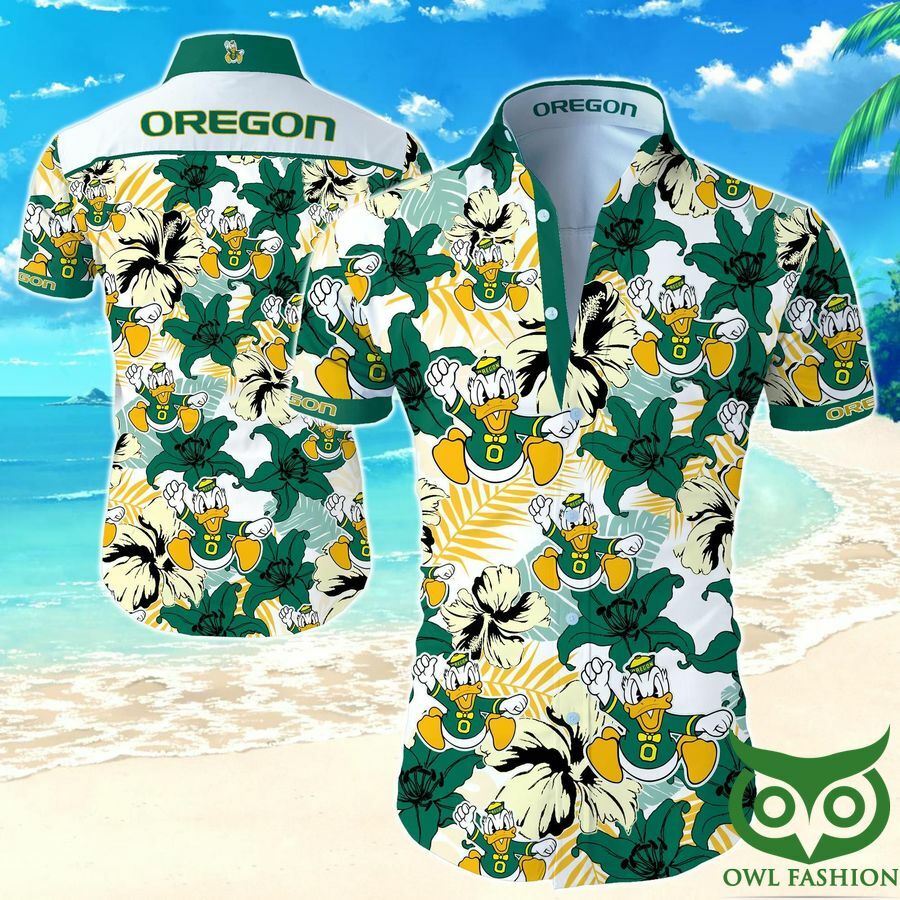 Oregon Ducks White And Green Beige Flowers Hawaiian Shirt - Famjoys Oregon Ducks White And Green Beige Flowers Hawaiian Shirt - Famjoys