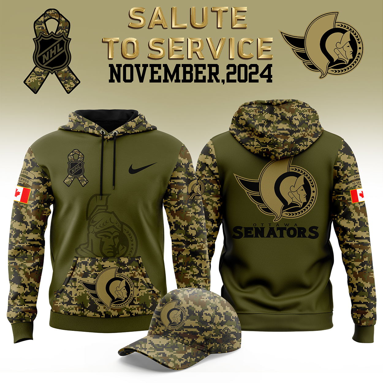 Ottawa Senators Camo Salute to Service Premium Club Fleece Pullover Hoodie - Famjoys Ottawa Senators Camo Salute to Service Premium Club Fleece Pullover Hoodie - Famjoys
