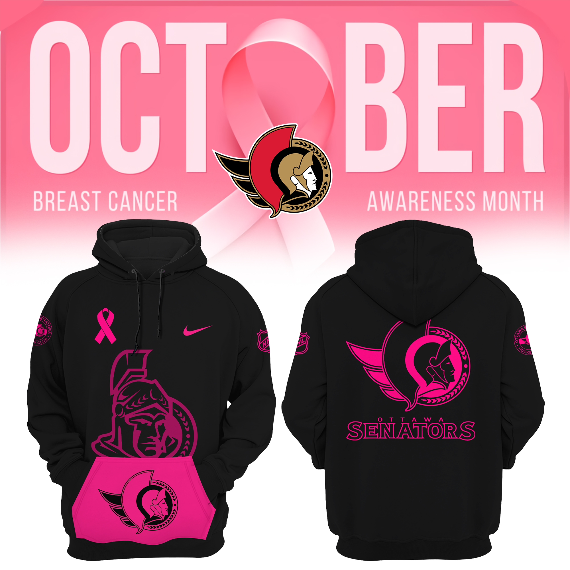 Ottawa Senators NHL Breast Cancer Awareness Month Pullover Hoodie - Famjoys Ottawa Senators NHL Breast Cancer Awareness Month Pullover Hoodie - Famjoys