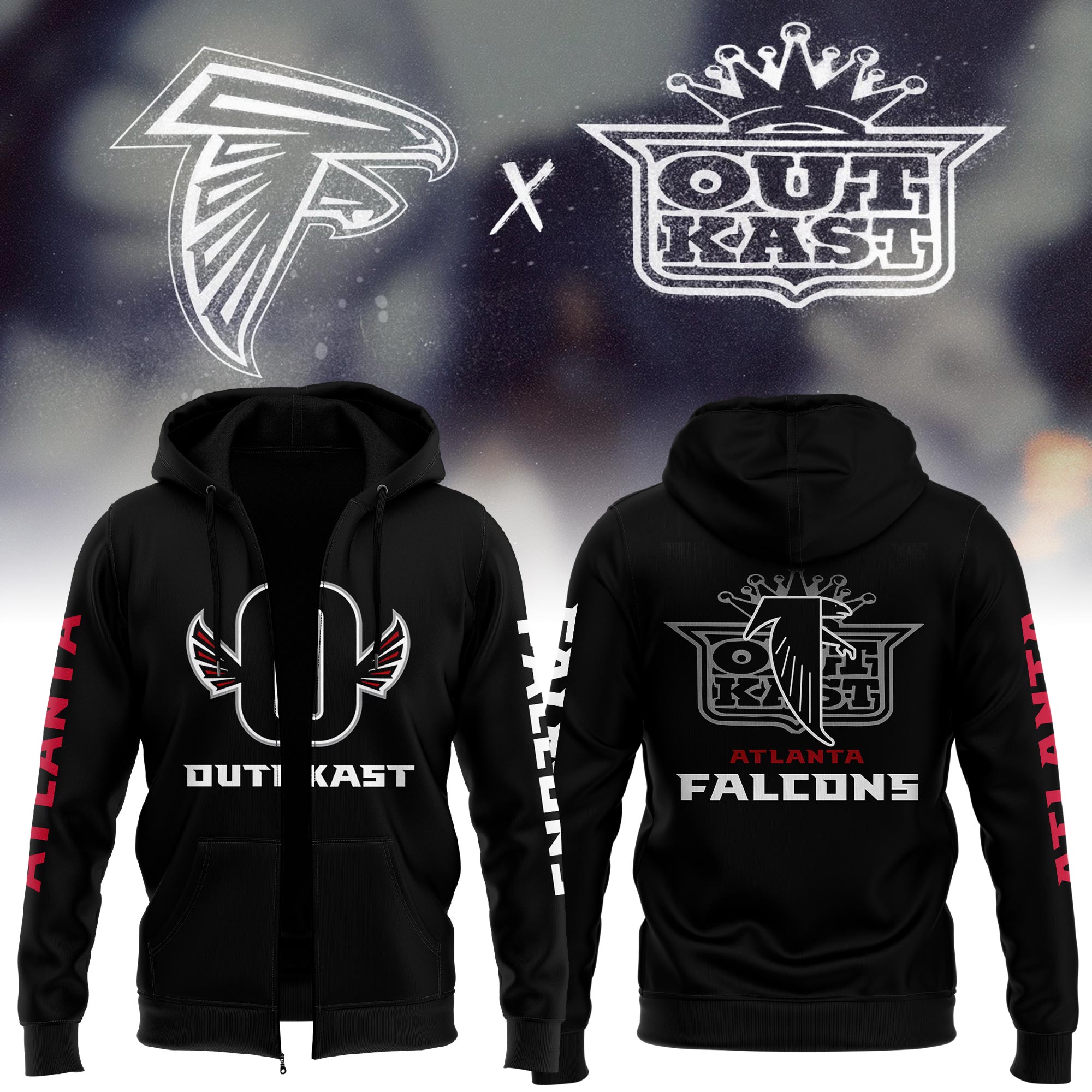Outkast x Atlanta Falcons Black Pullover Zip Hoodie - Famjoys Outkast x Atlanta Falcons Black Pullover Zip Hoodie - Famjoys