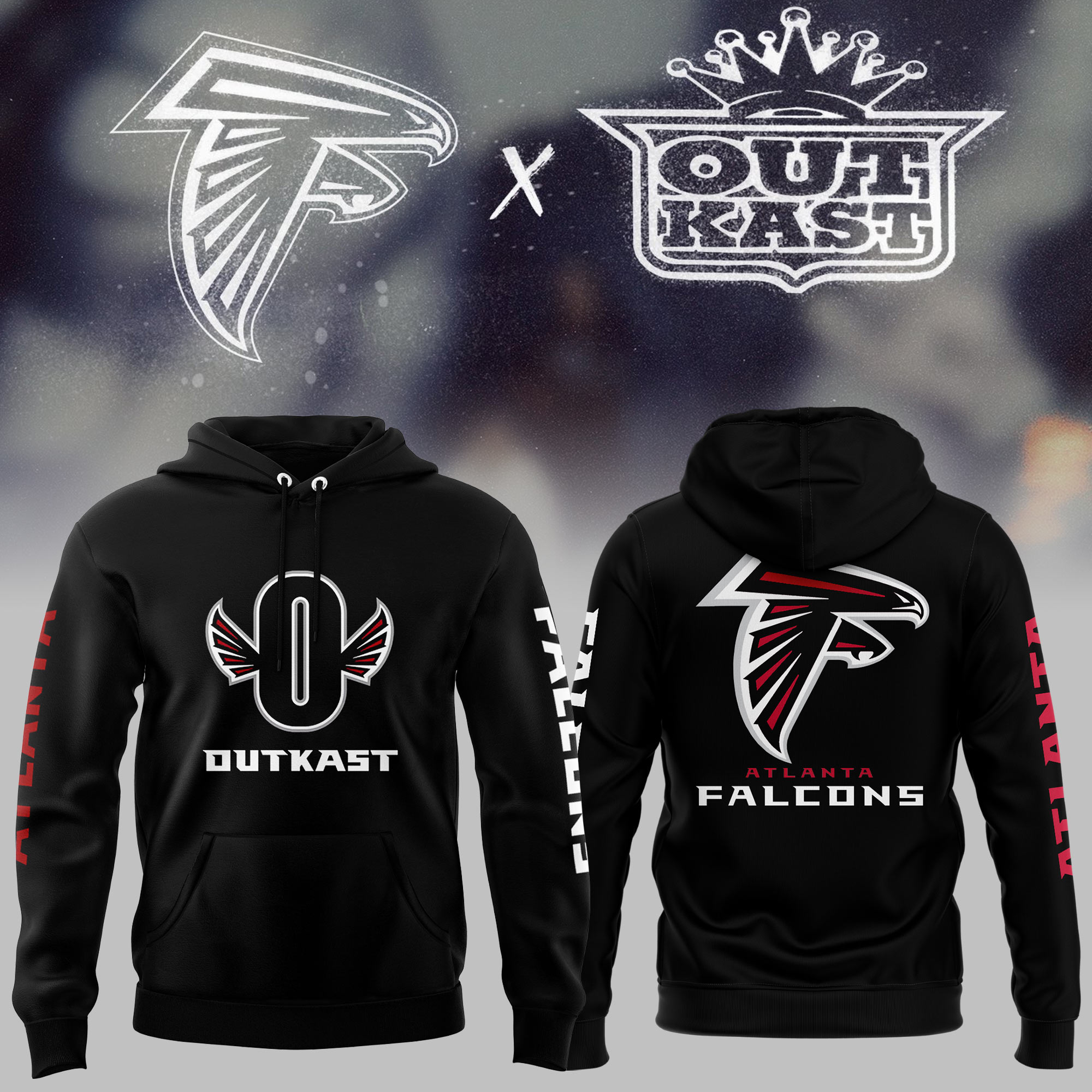 Outkast x Atlanta Falcons White Pullover Hoodie - Famjoys Outkast x Atlanta Falcons White Pullover Hoodie - Famjoys