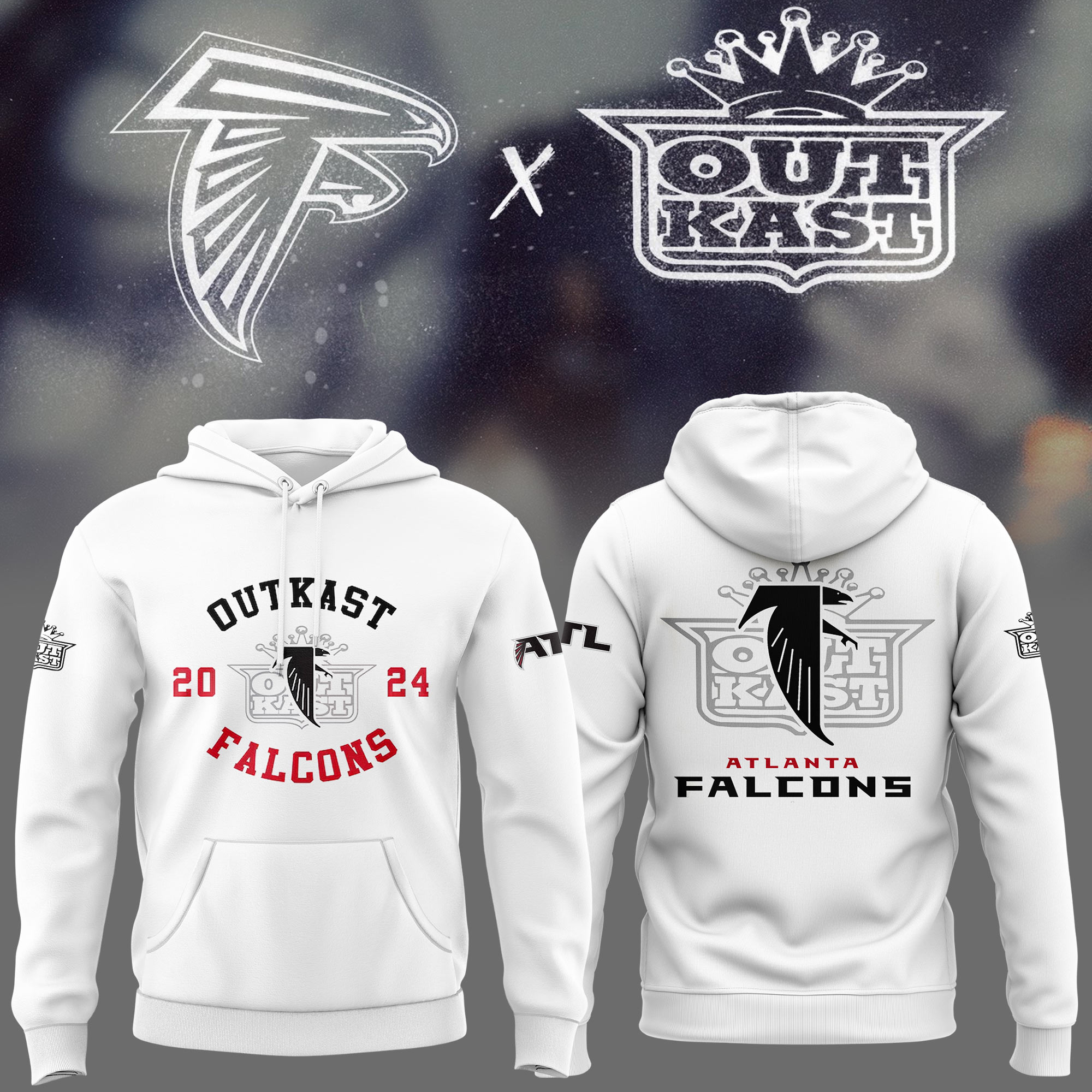 Outkast x Atlanta Falcons White Pullover Hoodie - Famjoys Outkast x Atlanta Falcons White Pullover Hoodie - Famjoys
