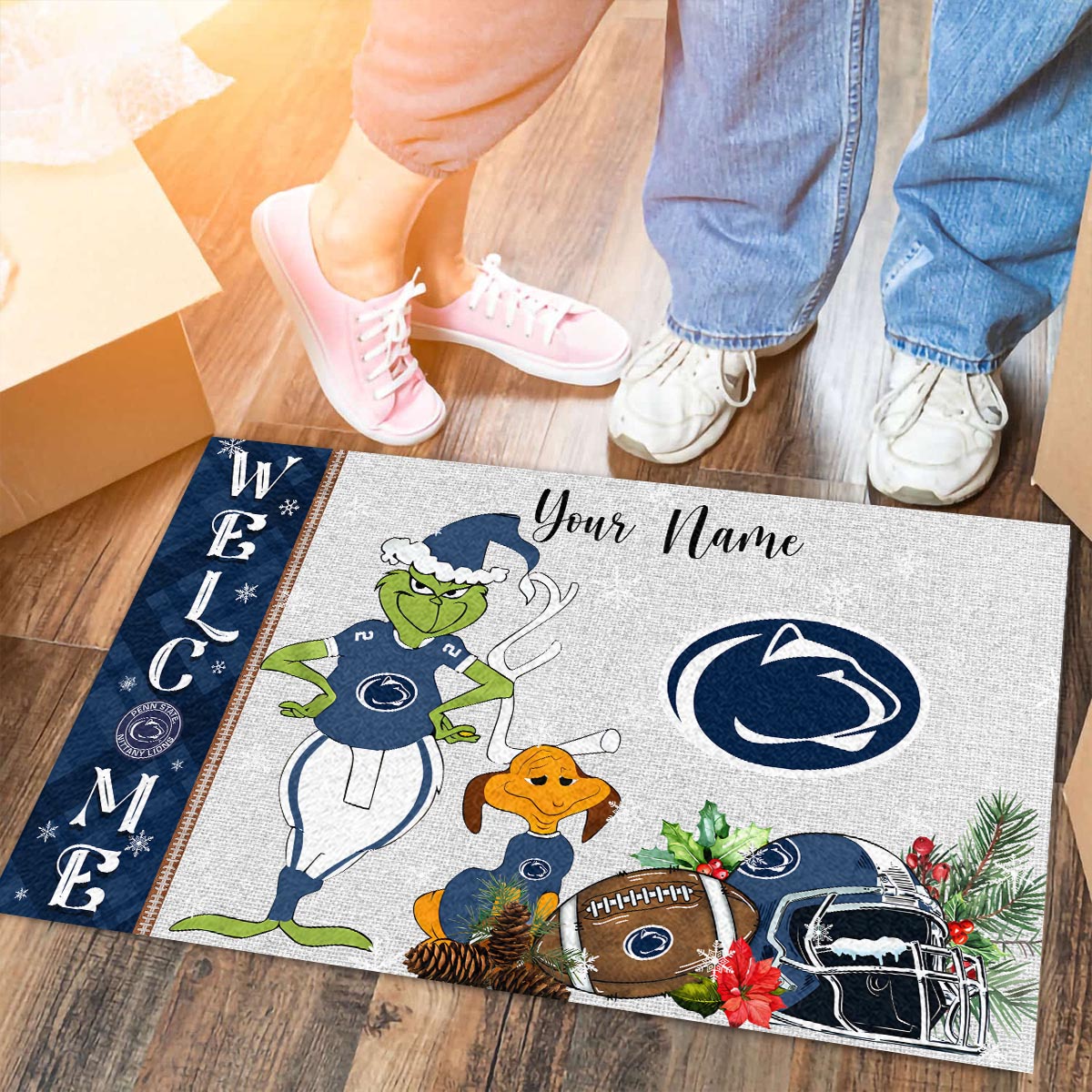 Penn State Nittany Lions Grinch Christmas Welcome Football Doormat - Famjoys Penn State Nittany Lions Grinch Christmas Welcome Football Doormat - Famjoys