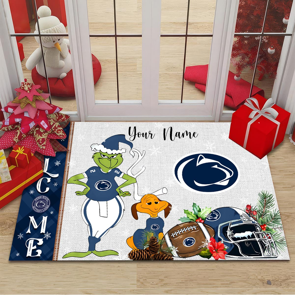 Penn State Nittany Lions Grinch Christmas Welcome Football Doormat - Famjoys Penn State Nittany Lions Grinch Christmas Welcome Football Doormat - Famjoys