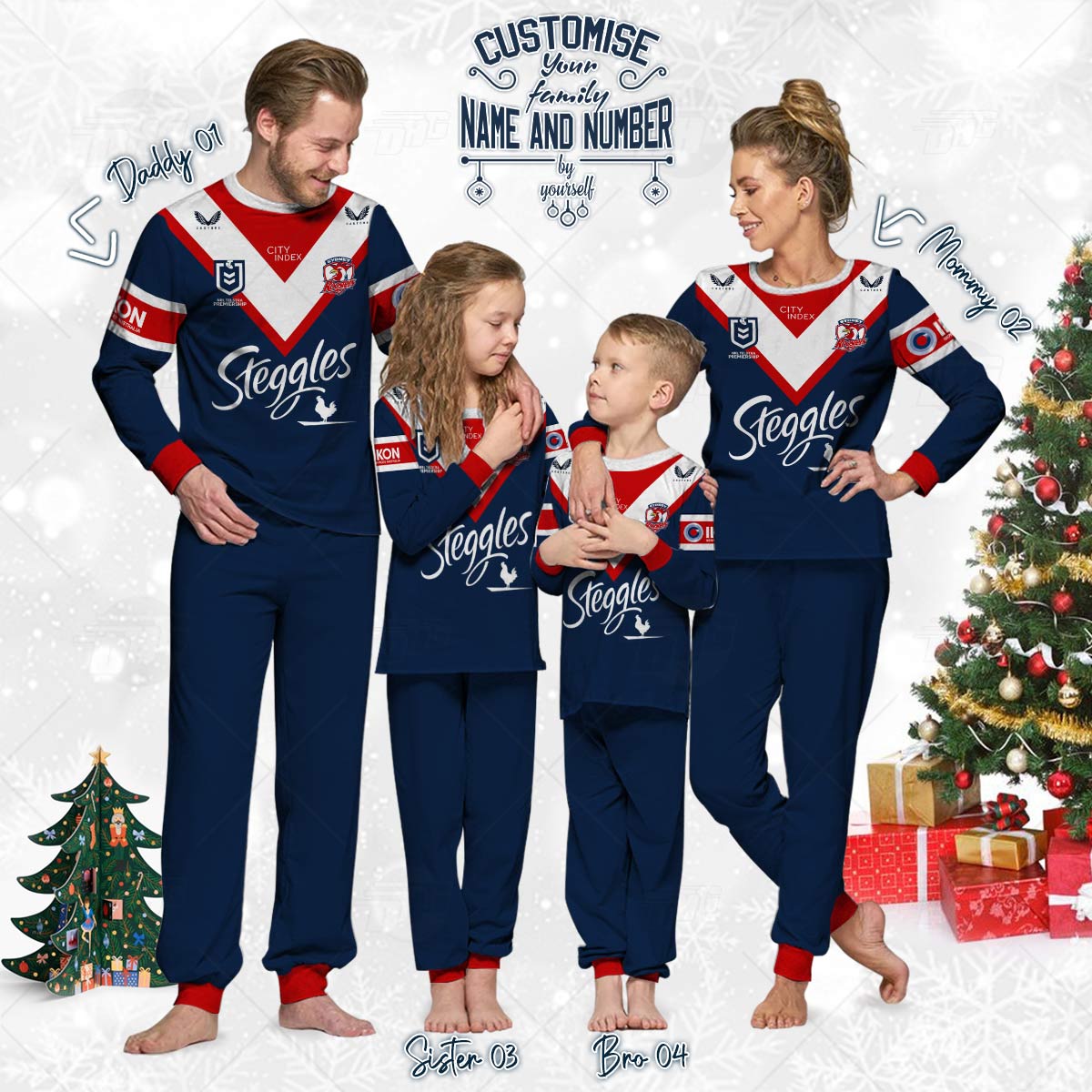 Personalised NRL Sydney Roosters Pyjamas For Family - Famjoys Personalised NRL Sydney Roosters Pyjamas For Family - Famjoys