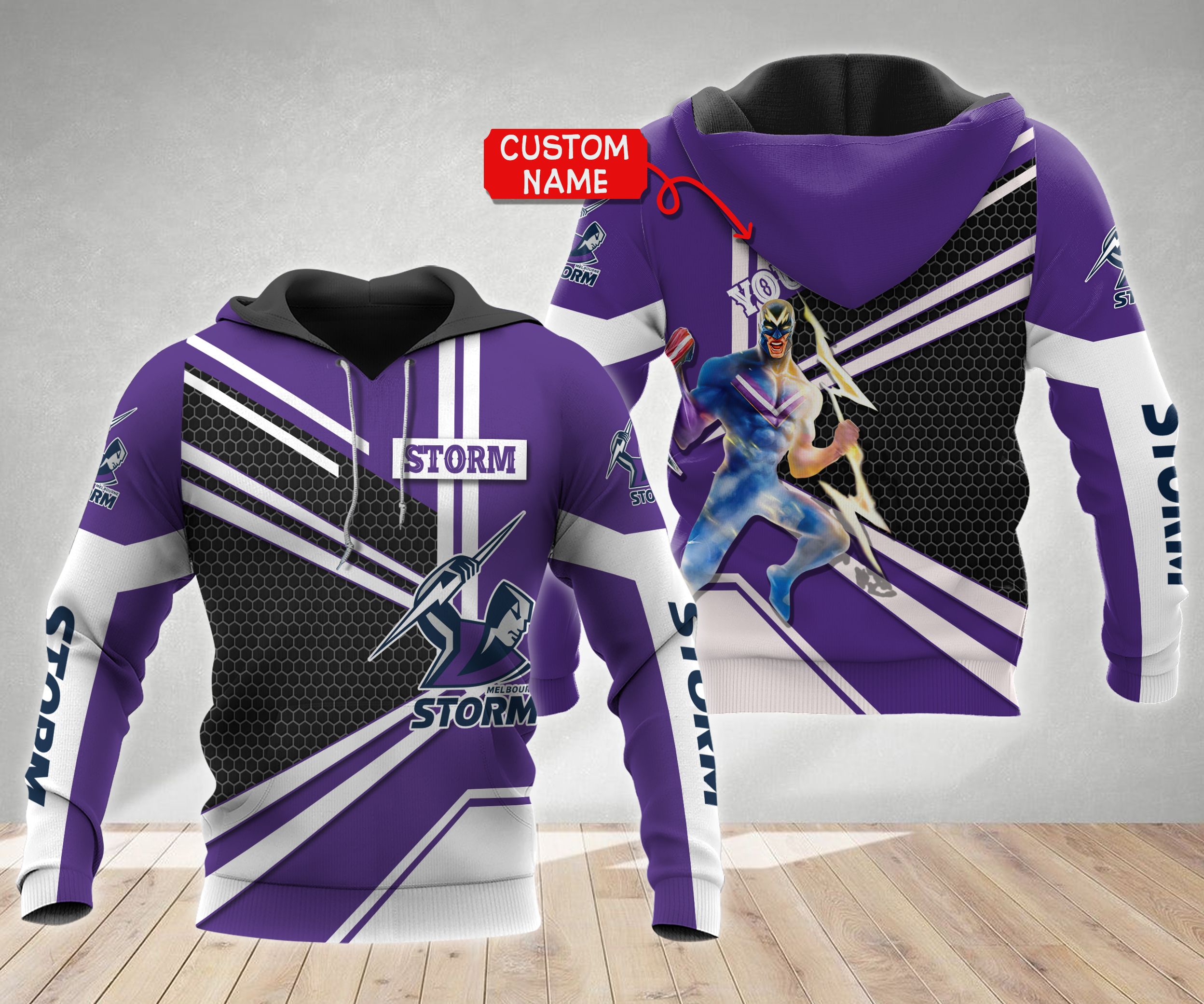 Personalized 3D Hoodie Melbourne Storm Vector Mascot Nrl Custom Name 3D All Over Print Zip Up Hoodie Option - Famjoys Personalized 3D Hoodie Melbourne Storm Vector Mascot Nrl Custom Name 3D All Over Print Zip Up Hoodie Option - Famjoys