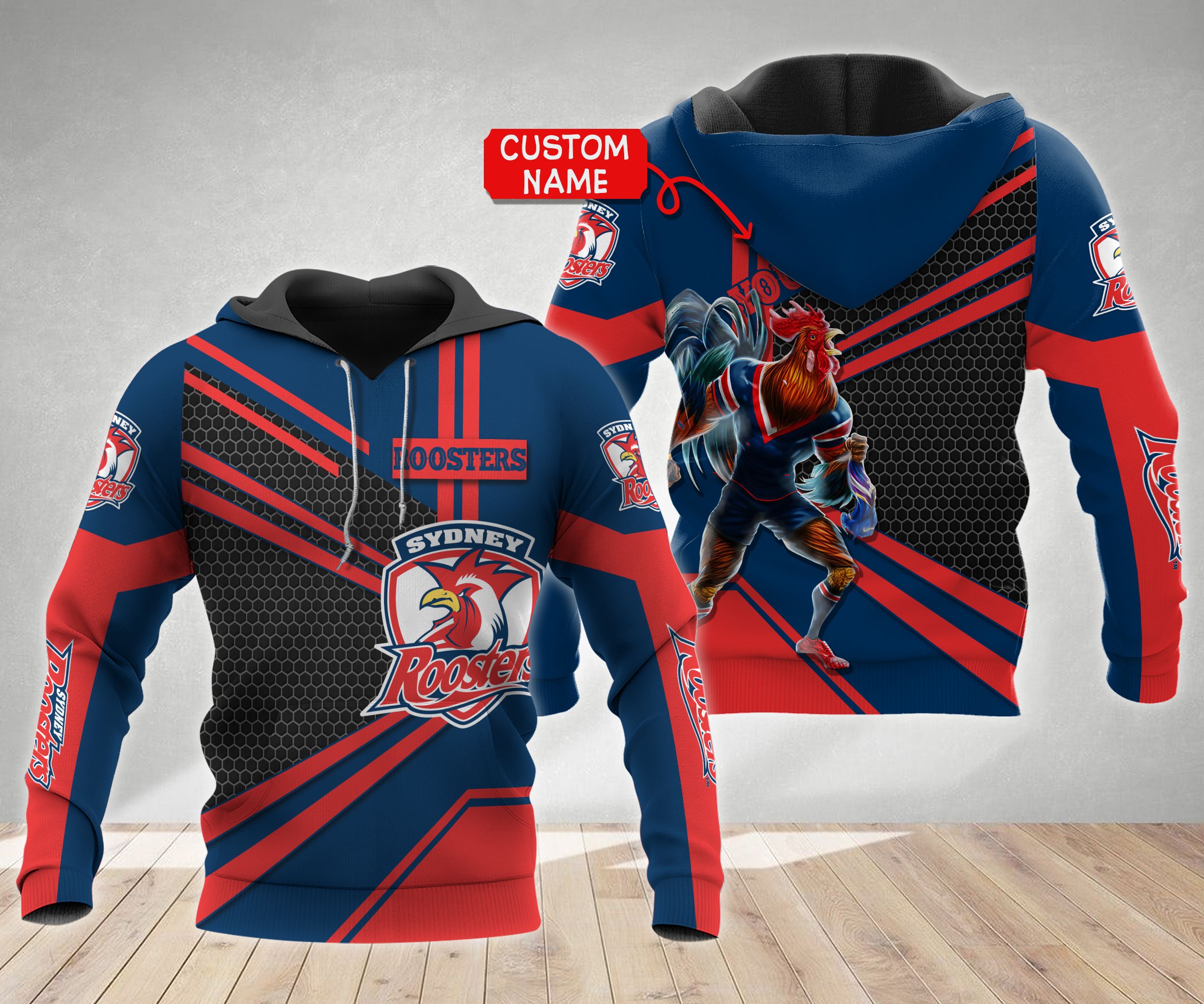 Personalized 3D Hoodie Sydney Roosters Vector Mascot Nrl Custom Name 3D All Over Print Zip Up Hoodie Option - Famjoys Personalized 3D Hoodie Sydney Roosters Vector Mascot Nrl Custom Name 3D All Over Print Zip Up Hoodie Option - Famjoys