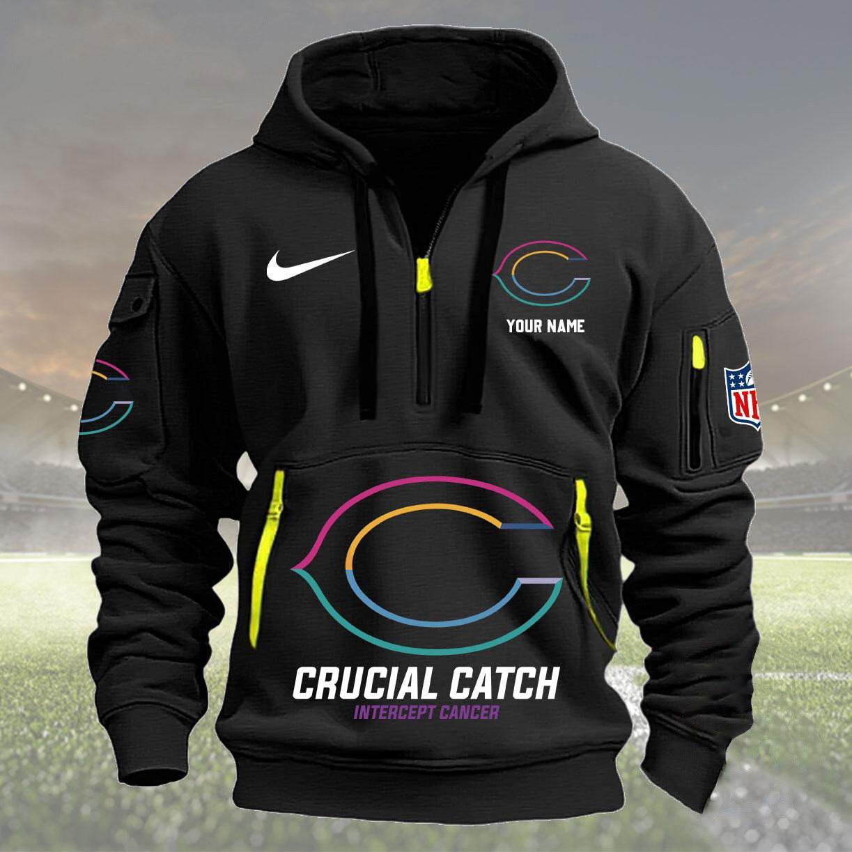 Personalized Chicago Bears 2024 Quarter Half Zip Hoodie Crucial Catch Intercept Cancer - Famjoys Personalized Chicago Bears 2024 Quarter Half Zip Hoodie Crucial Catch Intercept Cancer - Famjoys