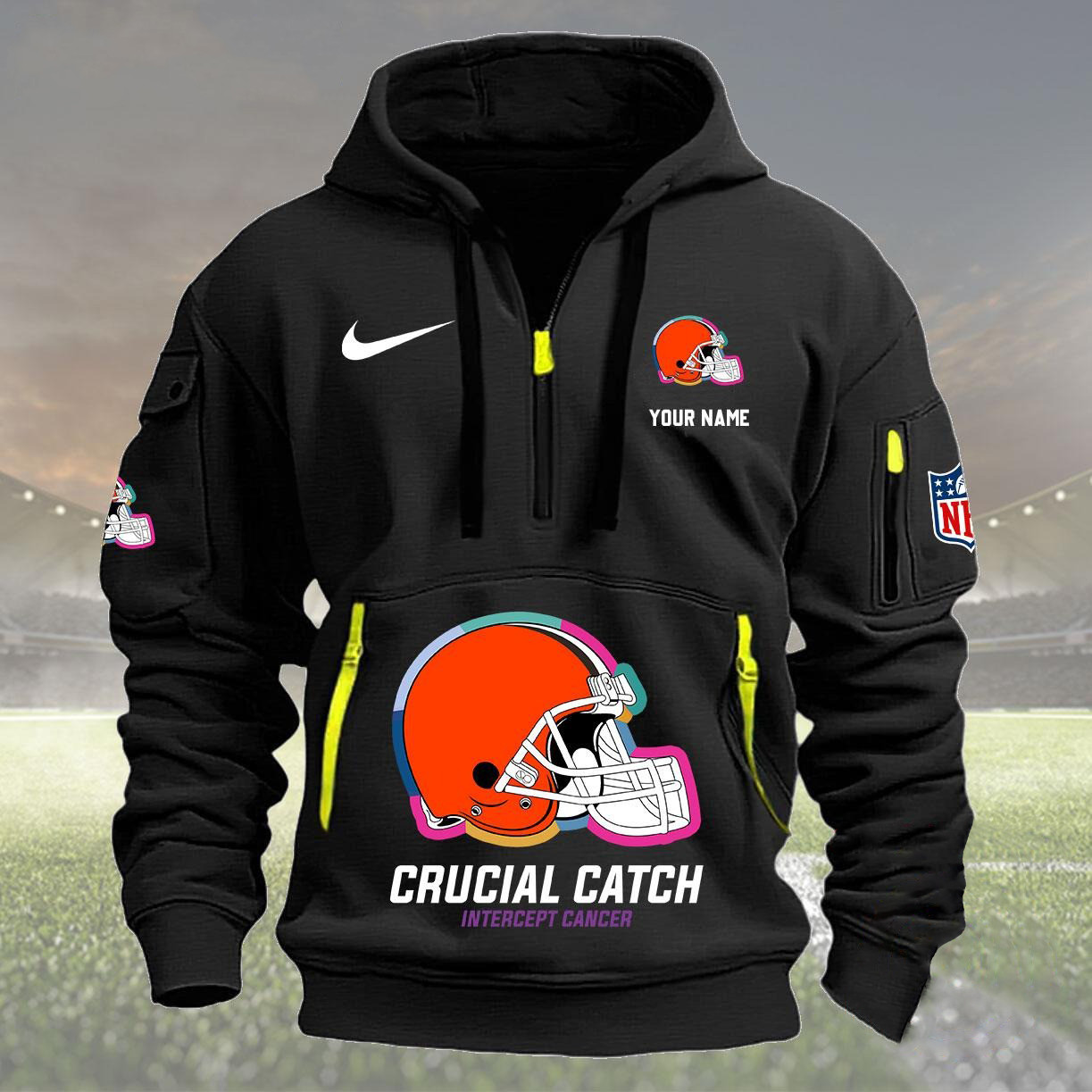 Personalized Cleveland Browns Quarter Half Zip Hoodie Crucial Catch Intercept Cancer - Famjoys Personalized Cleveland Browns Quarter Half Zip Hoodie Crucial Catch Intercept Cancer - Famjoys