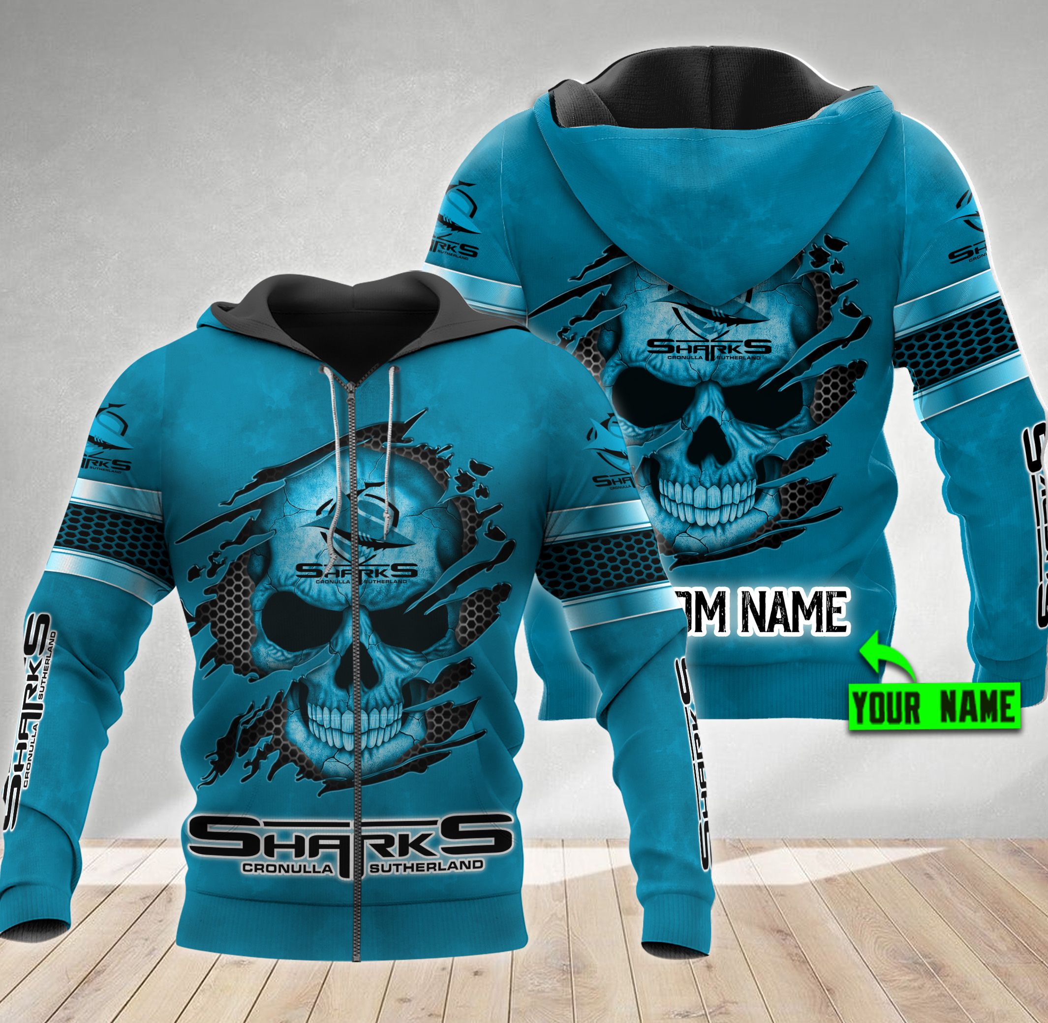 Personalized Cronulla Sutherland Sharks Nrl Skull Custom Name 3D All Over Print Hoodie - Famjoys Personalized Cronulla Sutherland Sharks Nrl Skull Custom Name 3D All Over Print Hoodie - Famjoys