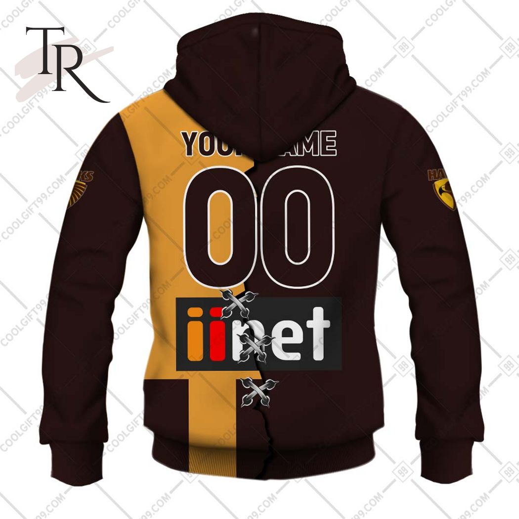 Personalized Guernsey Mix V2 AFL Hawthorn Hawks Hoodie 3D - Famjoys Personalized Guernsey Mix V2 AFL Hawthorn Hawks Hoodie 3D - Famjoys