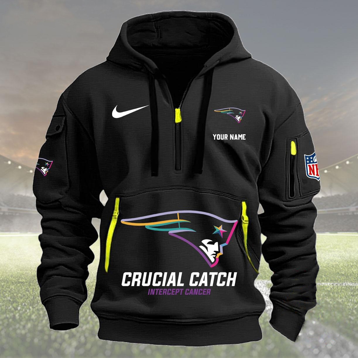 Personalized New England Patriots Quarter Zip Hoodie Crucial Catch Intercept Cancer - Famjoys Personalized New England Patriots Quarter Zip Hoodie Crucial Catch Intercept Cancer - Famjoys