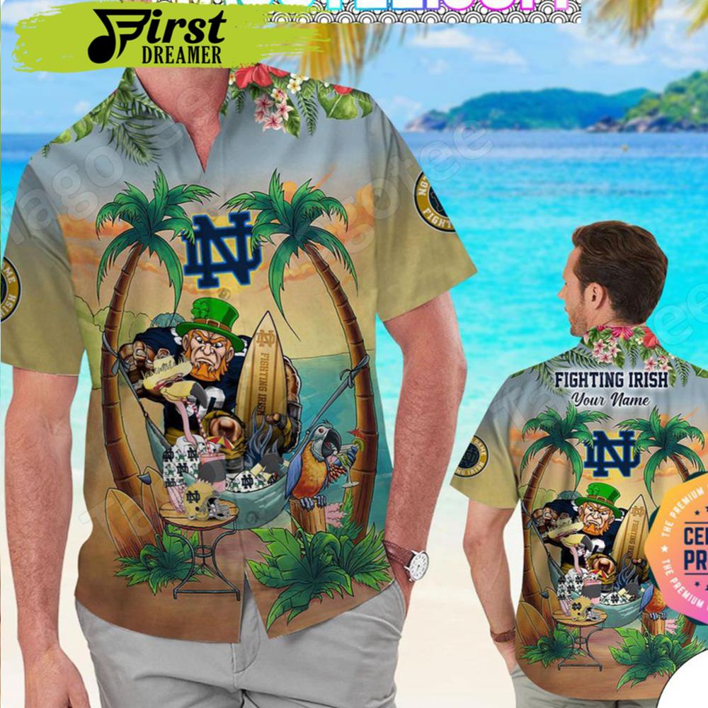 Personalized Notre Dame Fighting Irish Flamingo Parrot Aloha Hawaiian Shirt - Famjoys Personalized Notre Dame Fighting Irish Flamingo Parrot Aloha Hawaiian Shirt - Famjoys