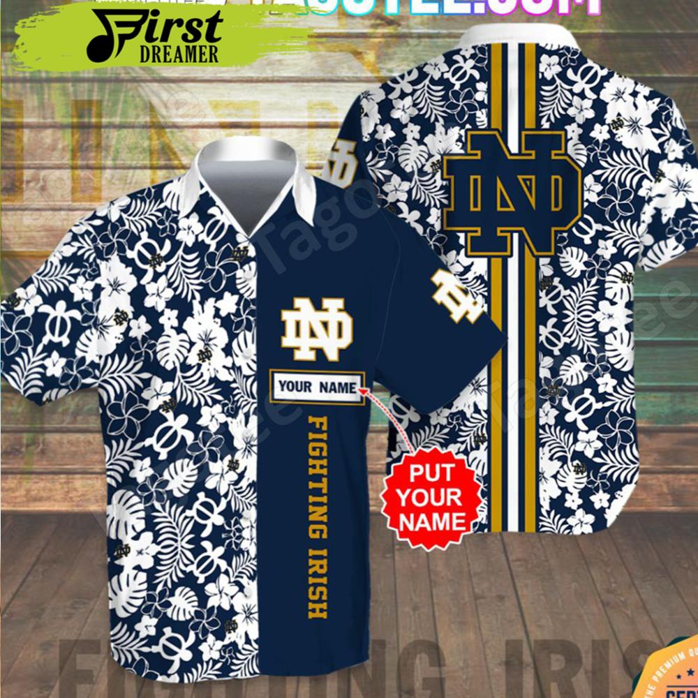 Personalized Notre Dame Fighting Irish Flowery Navy Combo Hawaii Shirt - Famjoys Personalized Notre Dame Fighting Irish Flowery Navy Combo Hawaii Shirt - Famjoys