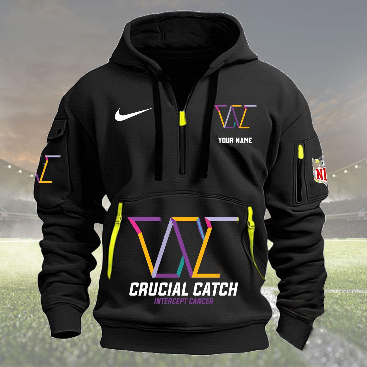 Personalized Washington Commanders Quarter Zip Hoodie Crucial Catch Intercept Cancer - Famjoys Personalized Washington Commanders Quarter Zip Hoodie Crucial Catch Intercept Cancer - Famjoys