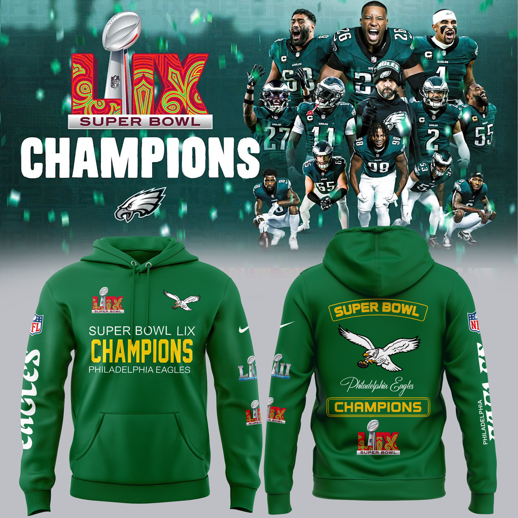 Philadelphia Eagles 2 Time SUPER BOWL Champion Hoodie - Famjoys Philadelphia Eagles 2 Time SUPER BOWL Champion Hoodie - Famjoys