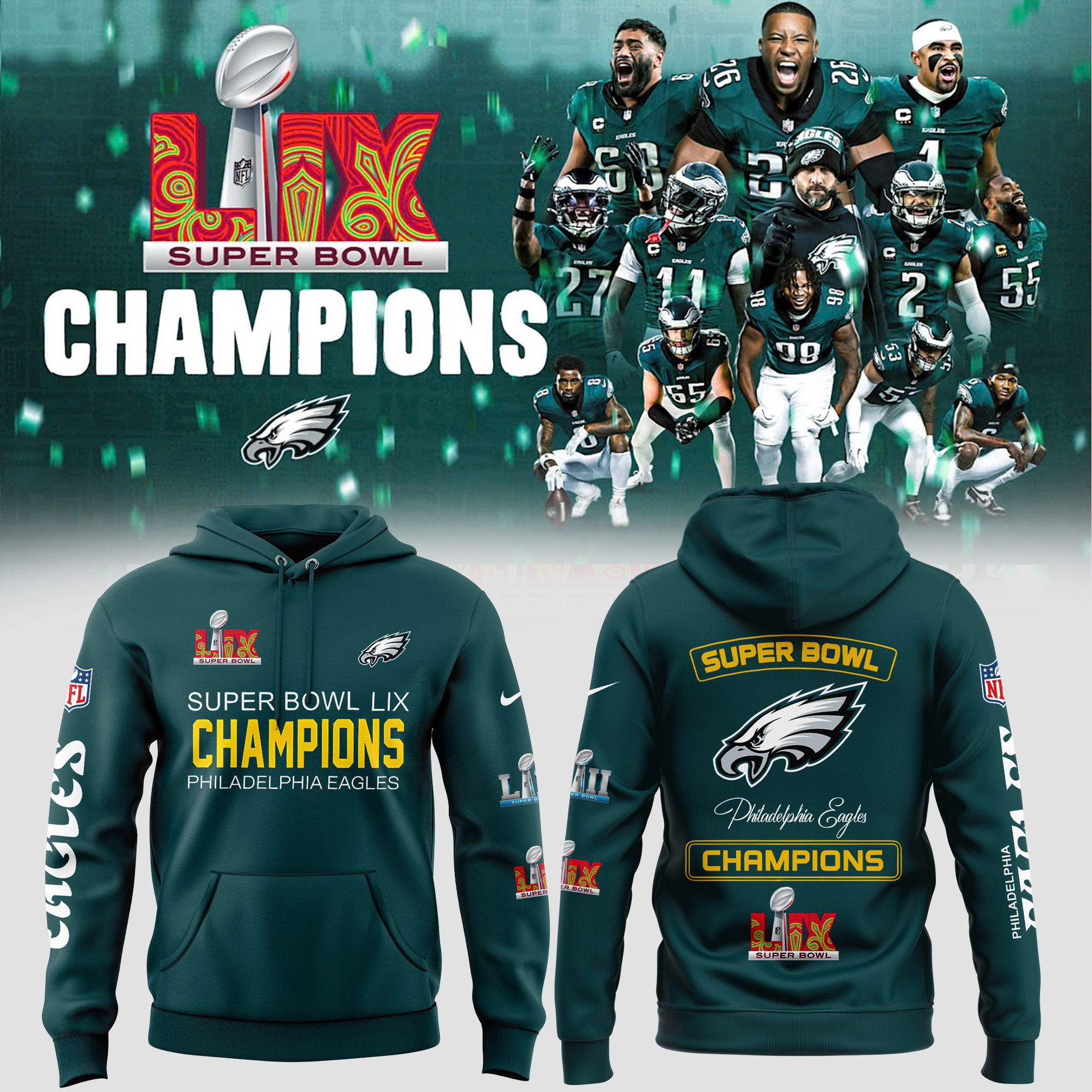 Philadelphia Eagles 2 Time SUPER BOWL Champion Hoodie - Famjoys Philadelphia Eagles 2 Time SUPER BOWL Champion Hoodie - Famjoys
