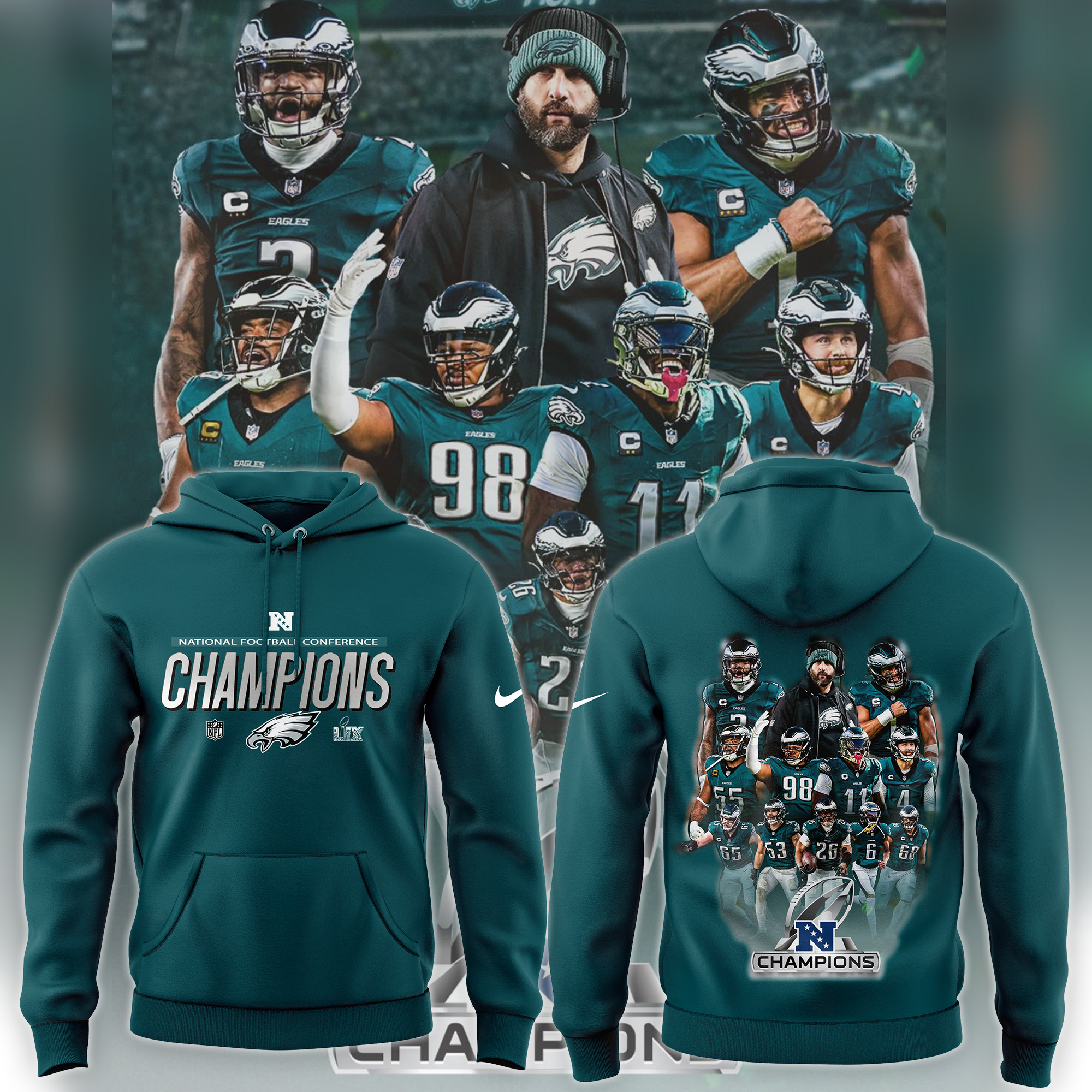 Philadelphia Eagles 2024 NFC Champions Locker Room Trophy Collection Hoodie - Famjoys Philadelphia Eagles 2024 NFC Champions Locker Room Trophy Collection Hoodie - Famjoys