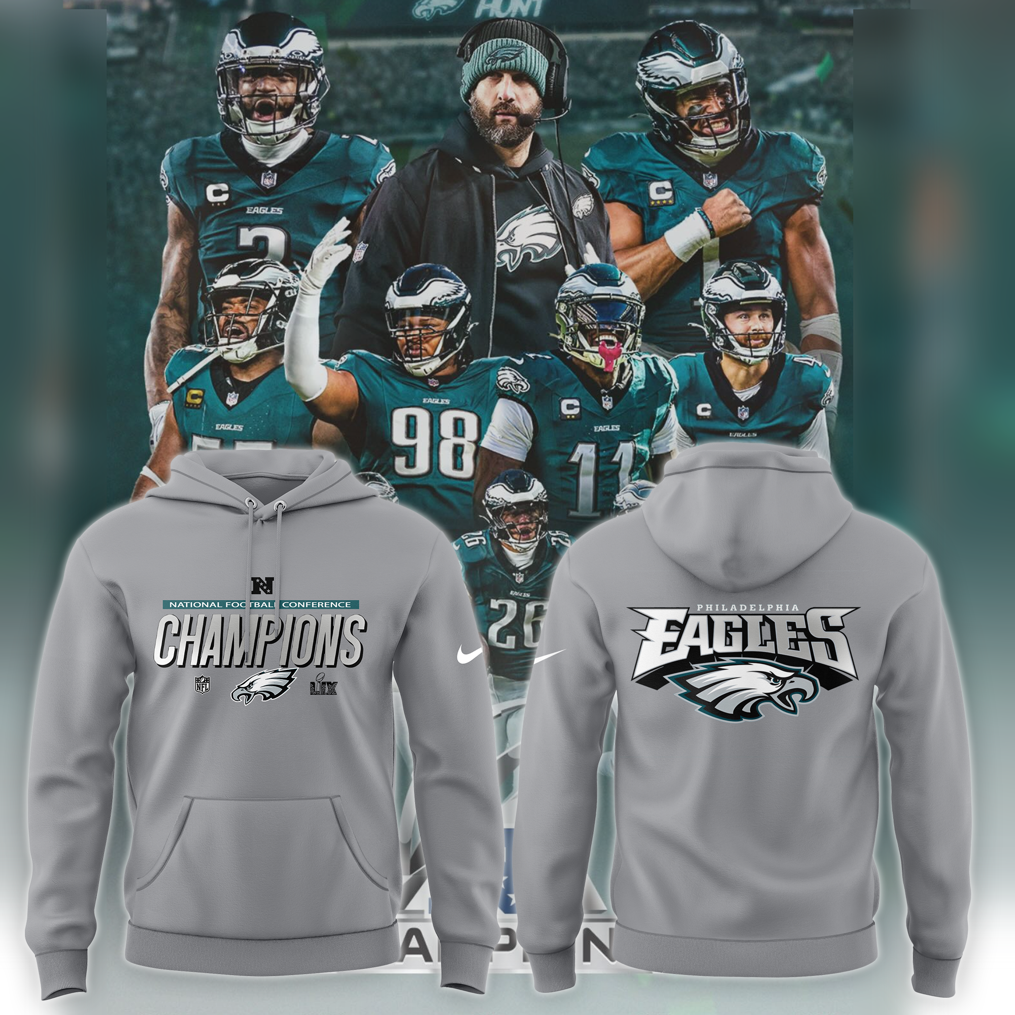Philadelphia Eagles 2024 NFC Champions Locker Room Trophy Collection Hoodie - Famjoys Philadelphia Eagles 2024 NFC Champions Locker Room Trophy Collection Hoodie - Famjoys