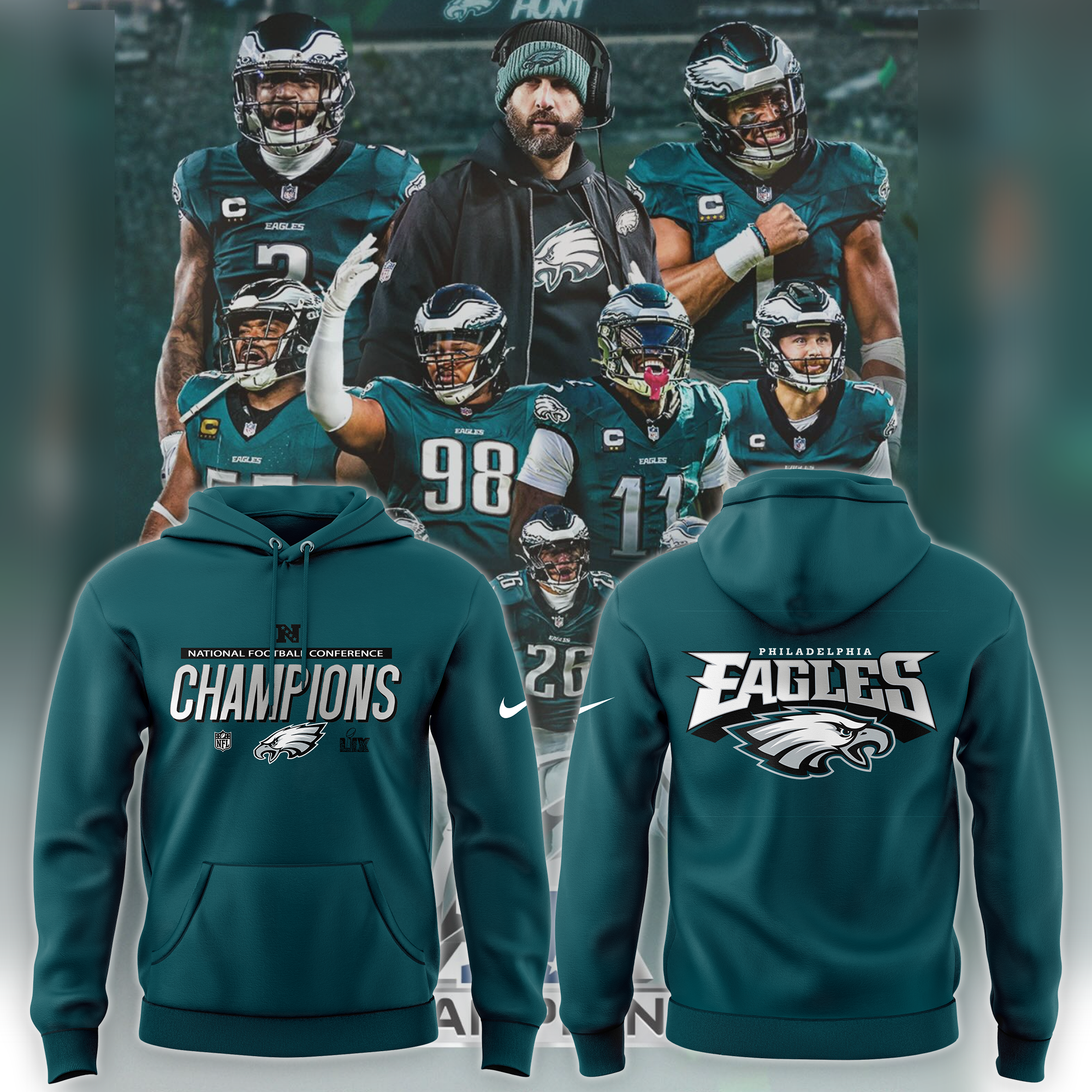 Philadelphia Eagles 2024 NFC Champions Locker Room Trophy Collection Hoodie - Famjoys Philadelphia Eagles 2024 NFC Champions Locker Room Trophy Collection Hoodie - Famjoys