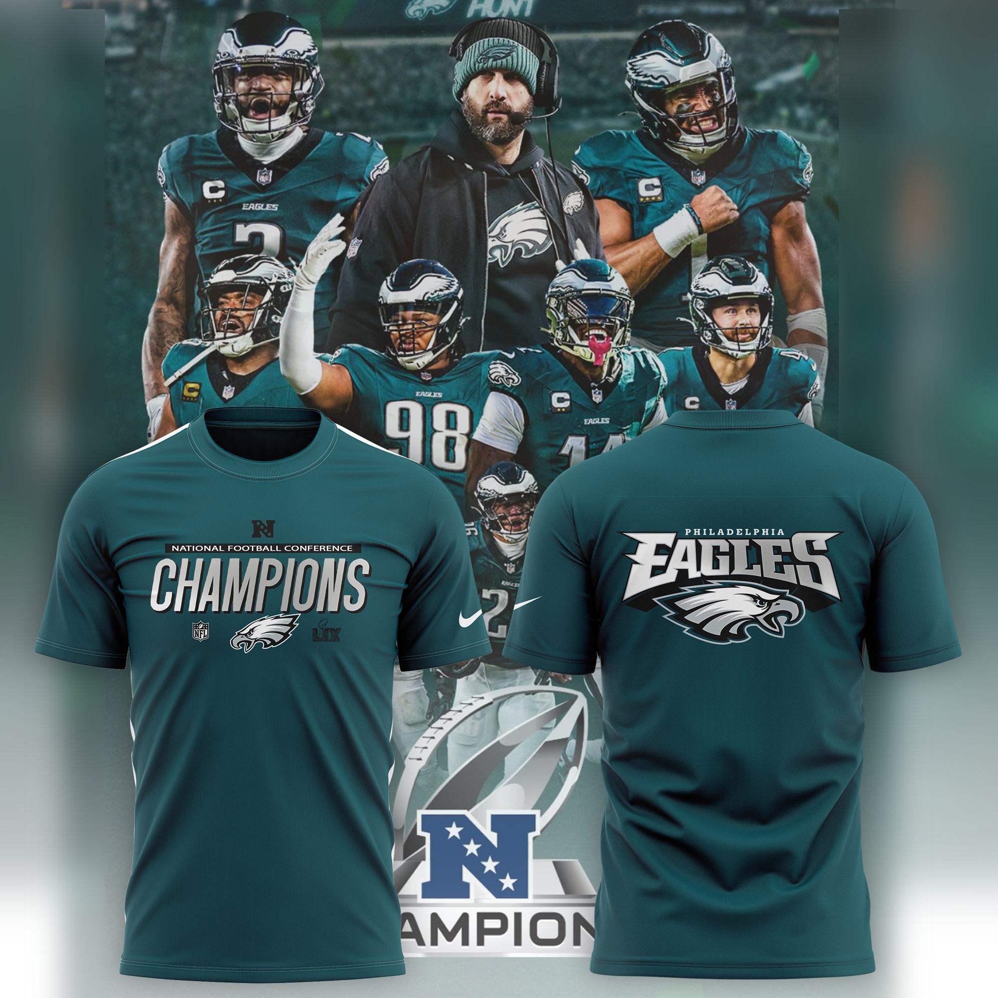 Philadelphia Eagles 2024 NFC Champions Locker Room Trophy Collection T-shirt - Famjoys Philadelphia Eagles 2024 NFC Champions Locker Room Trophy Collection T-shirt - Famjoys