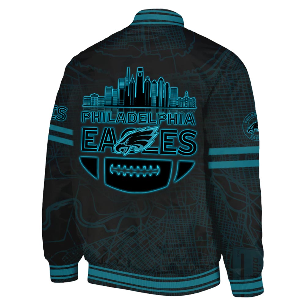 Philadelphia Eagles 2025 Back In Black Baseball Jacket - Famjoys Philadelphia Eagles 2025 Back In Black Baseball Jacket - Famjoys