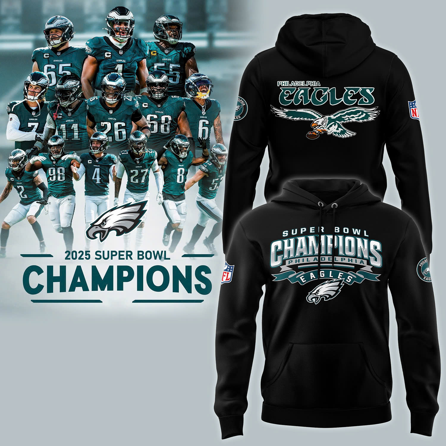 Philadelphia Eagles 2025 Super Bowl Champions Premium Pullover Hoodie - Famjoys Philadelphia Eagles 2025 Super Bowl Champions Premium Pullover Hoodie - Famjoys